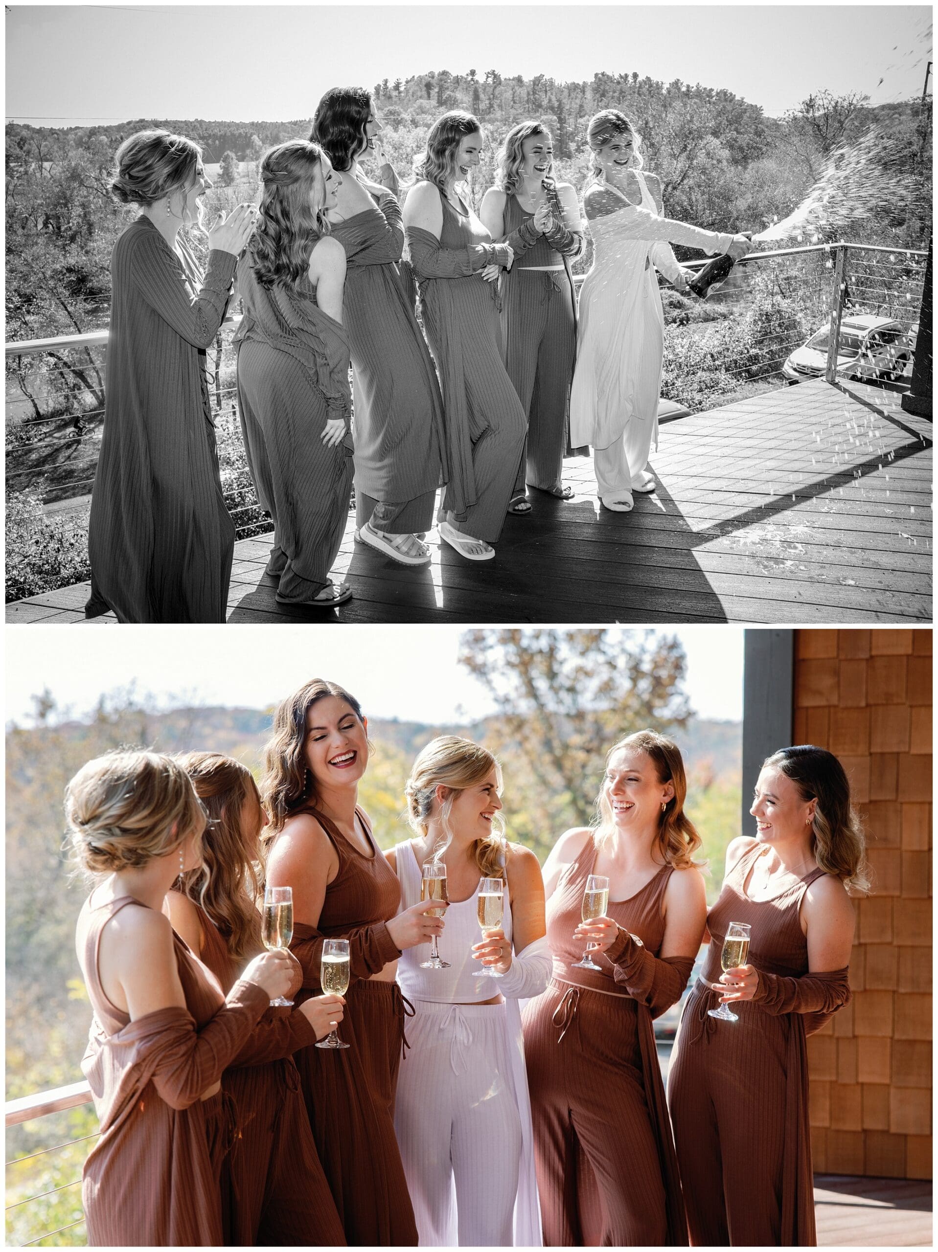 The bridesmaids are having a fall wedding party on the deck at crest center.
