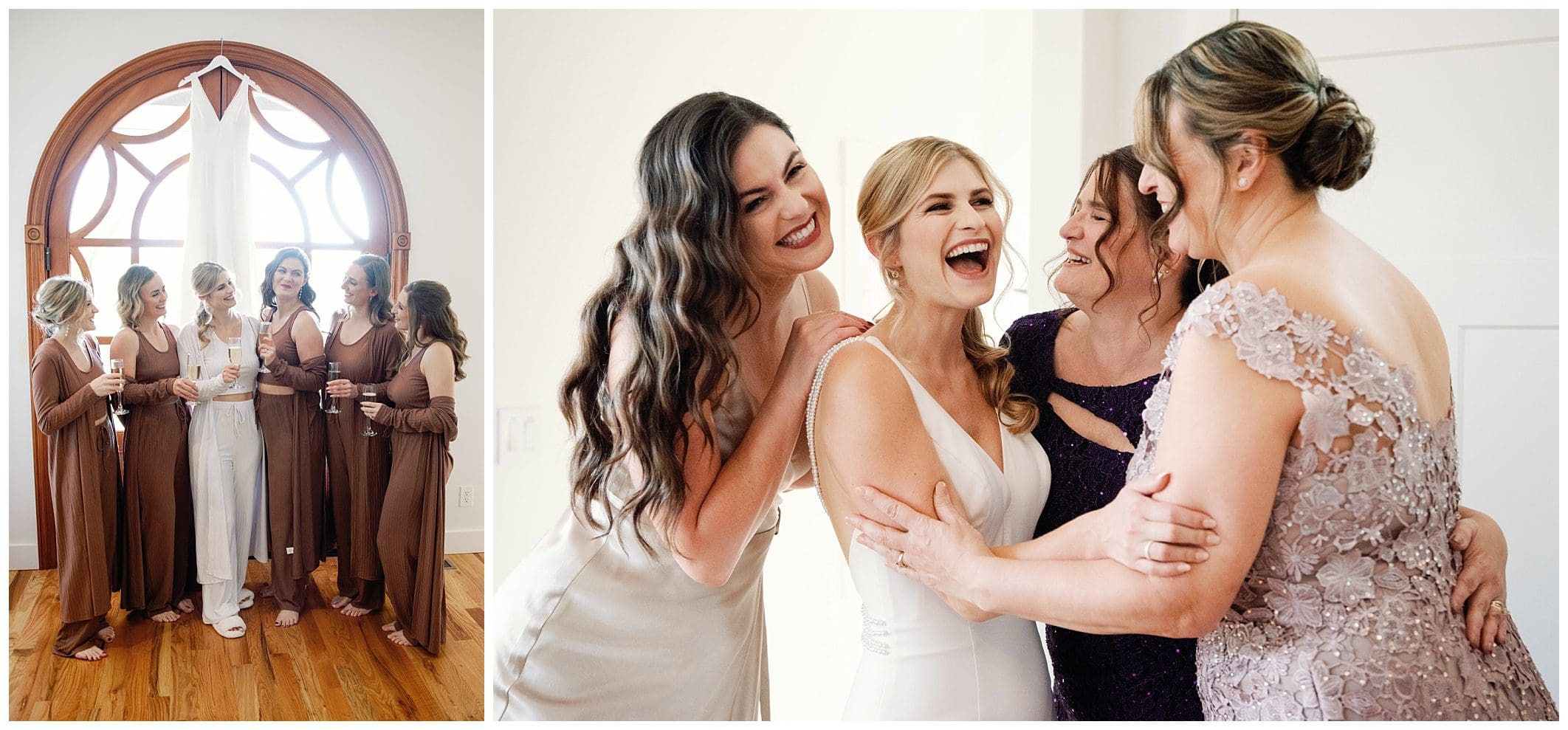 A bride and her bridesmaids laughing during a fall wedding at Crest Center, with a beautiful window backdrop.