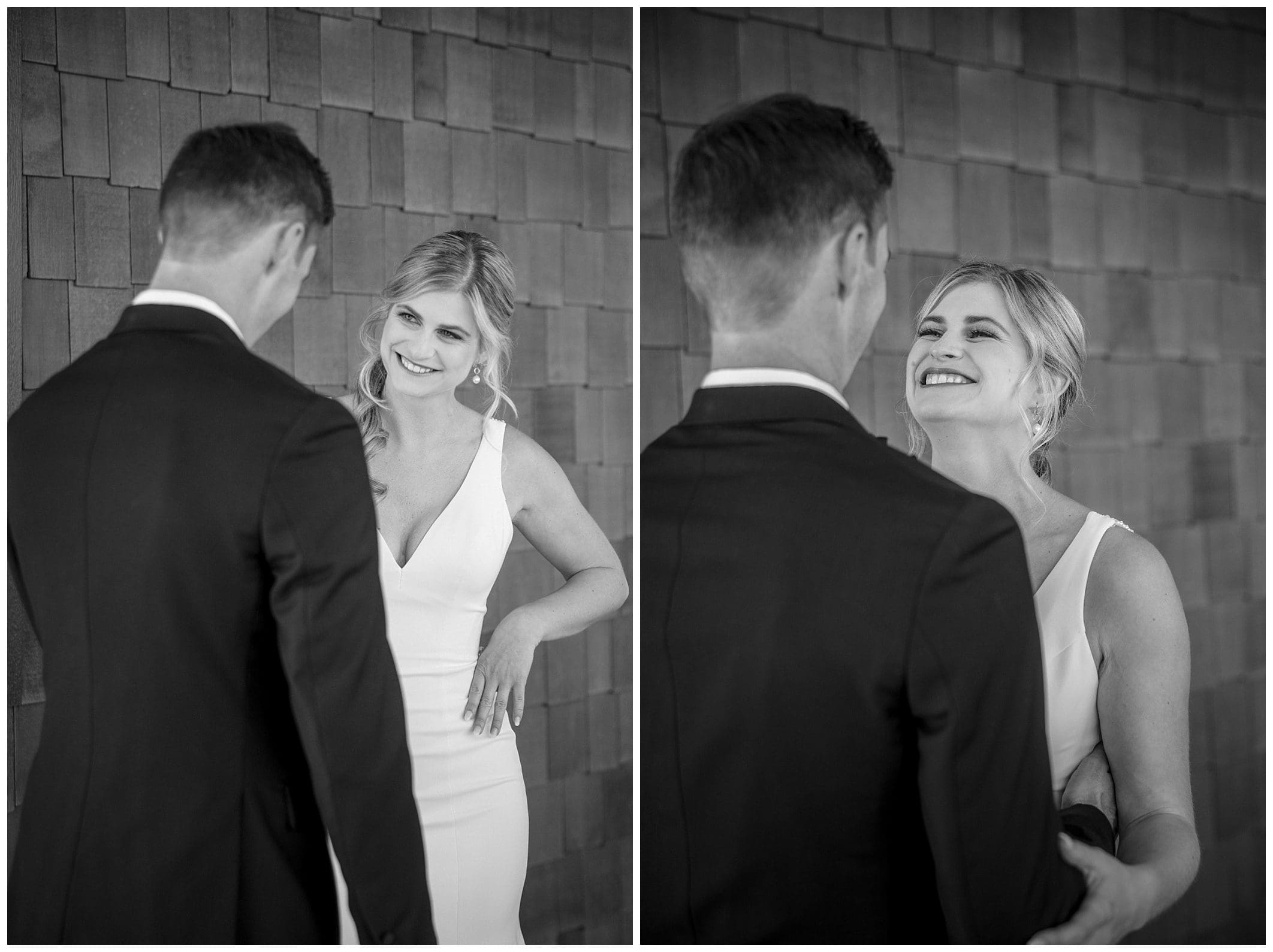 Two black and white photos of a bride and groom in front of a fall wedding wall at Crest Center.