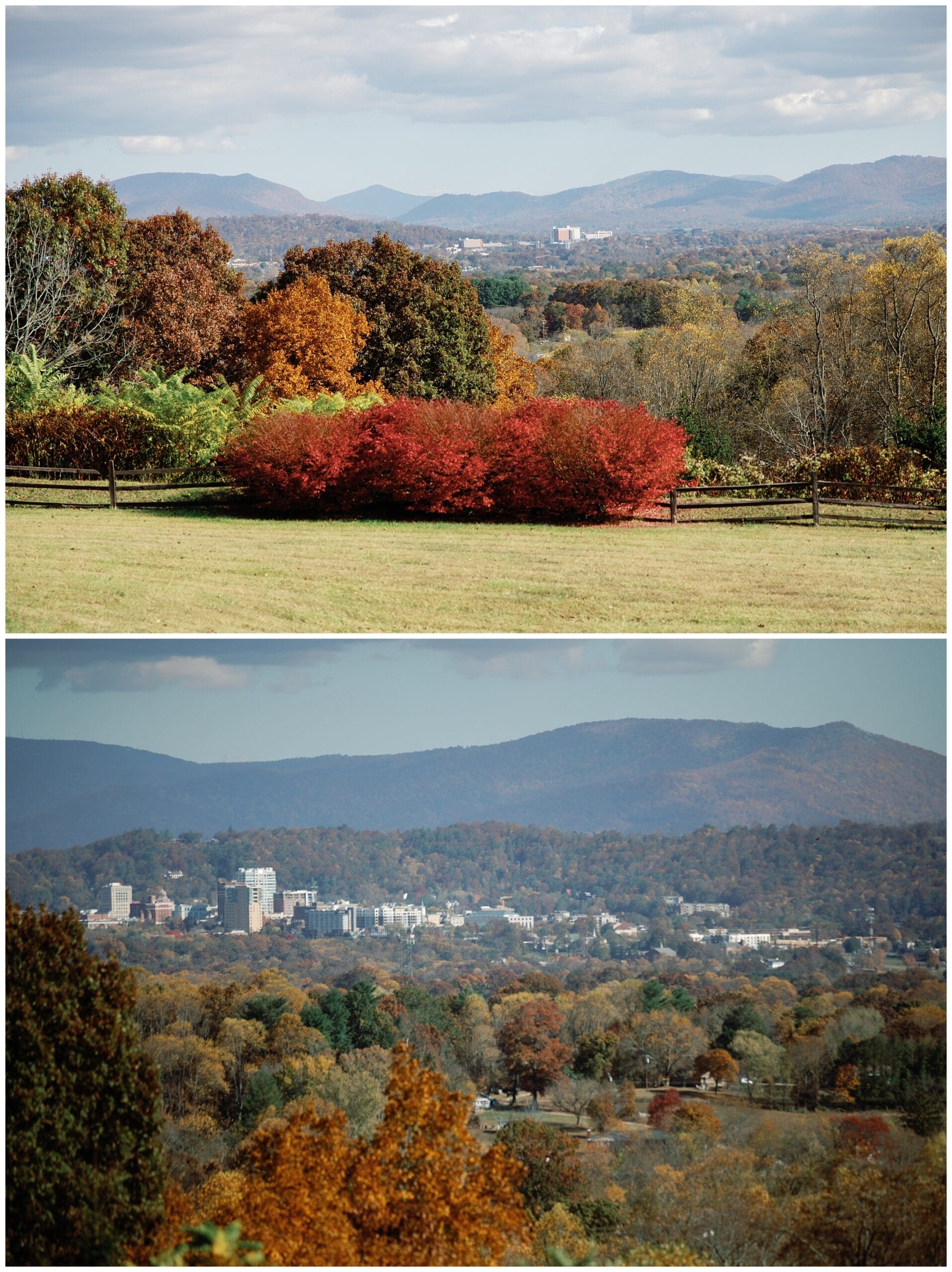 A fall wedding at Crest Center with a picturesque view of a city adorned with trees and backed by majestic mountains.