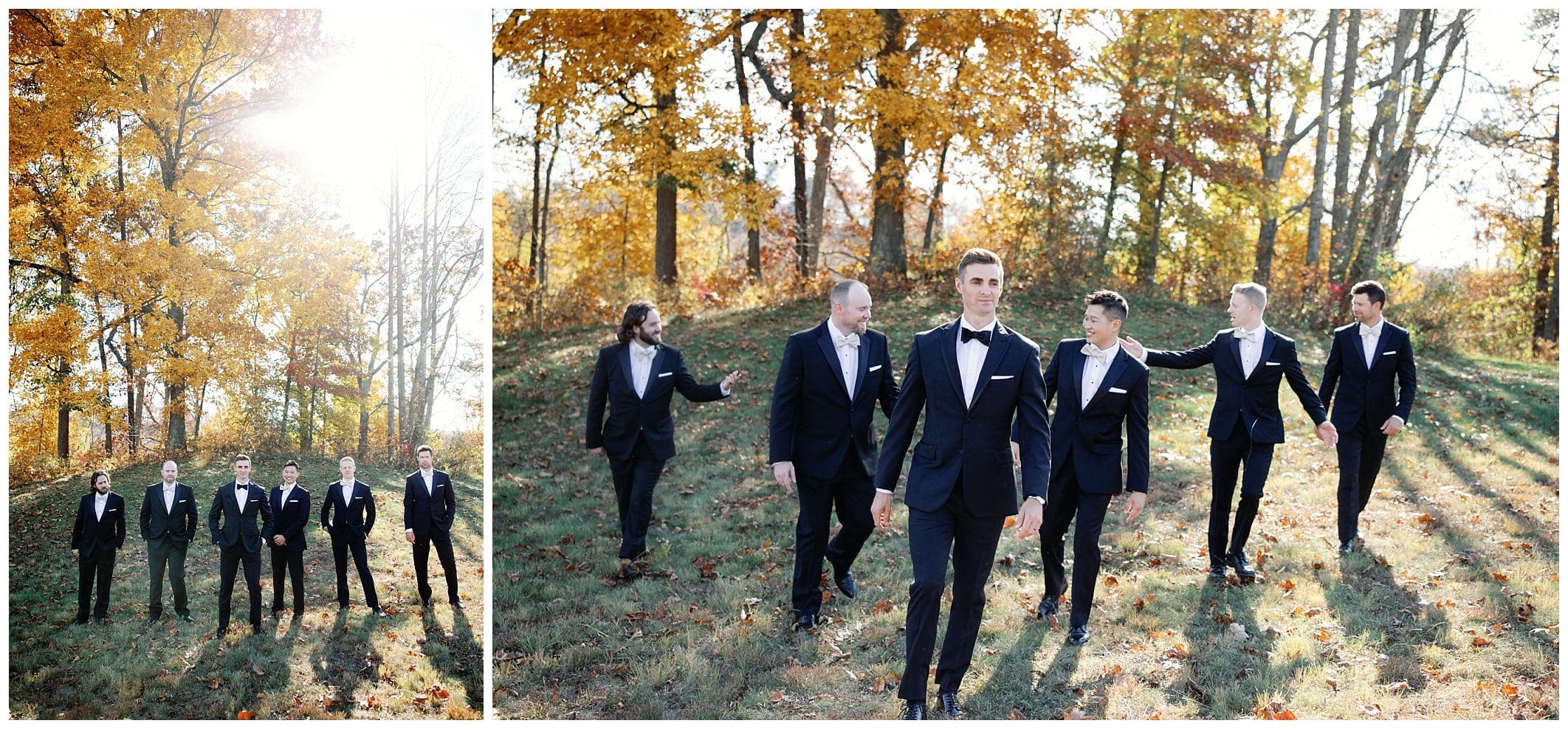 Groomsmen in tuxedos walking through the woods at a fall wedding at crest center.