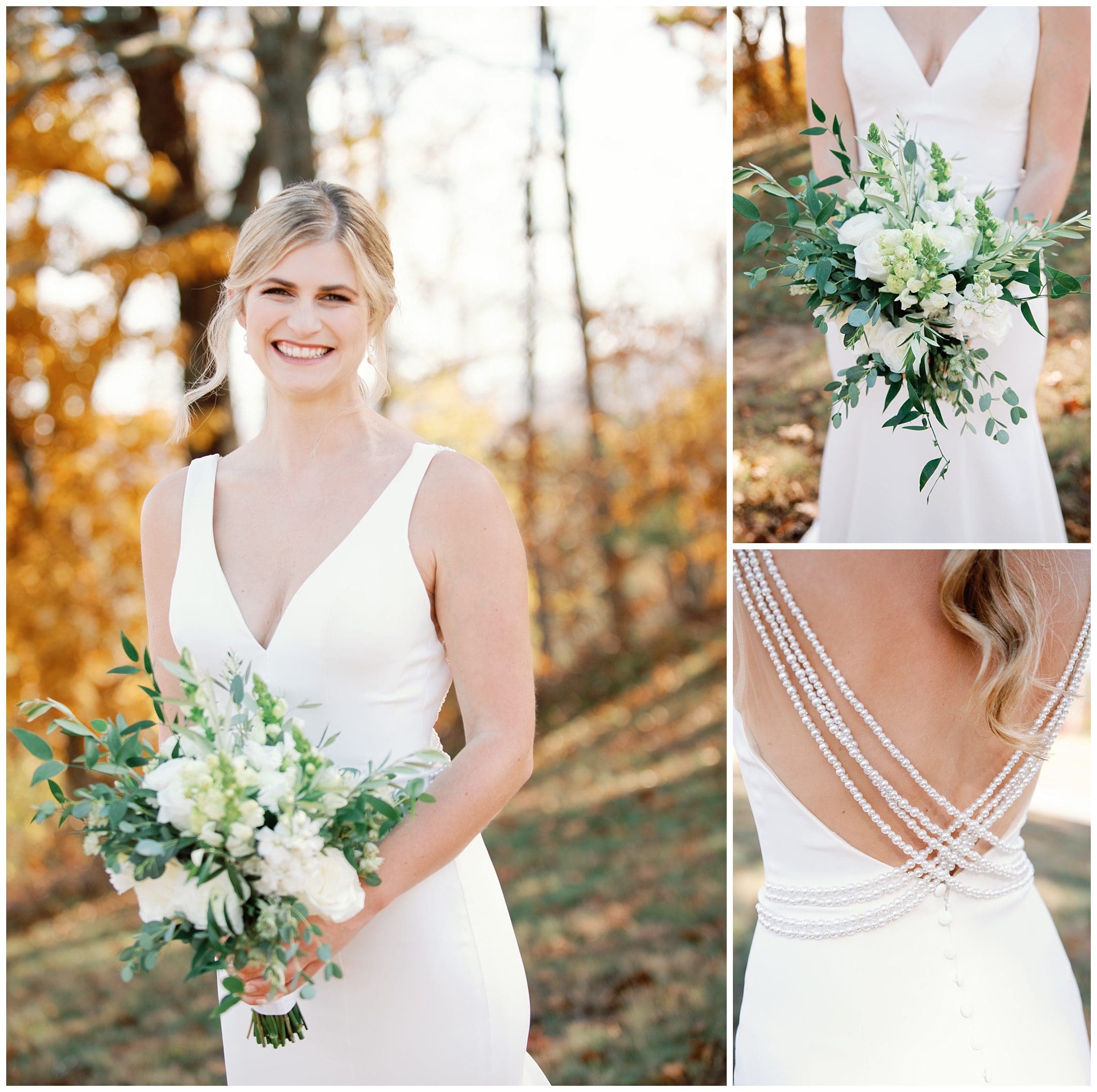 A bride in a white dress holding a bouquet at a fall wedding ceremony.
