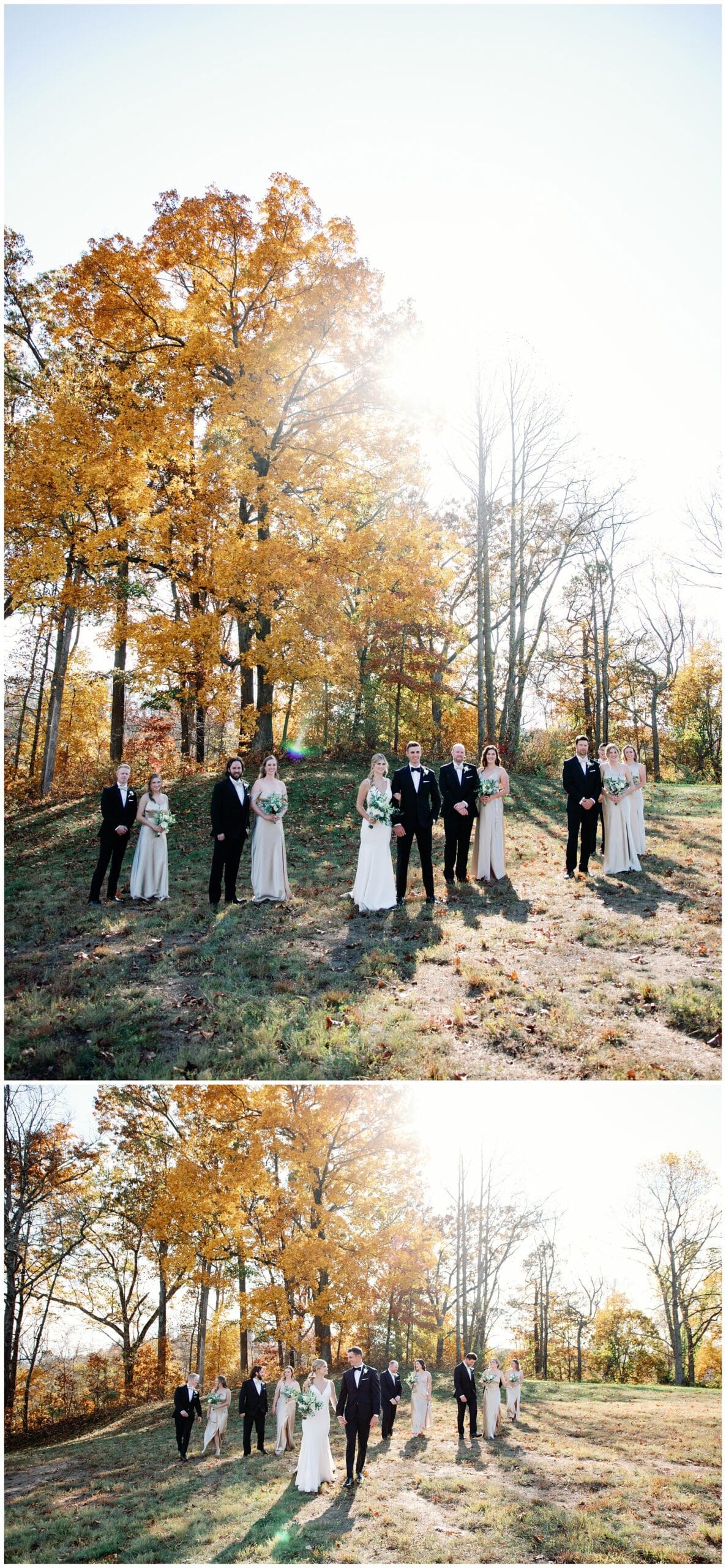 A group of bridesmaids and groomsmen standing in a field at a fall wedding at crest center.