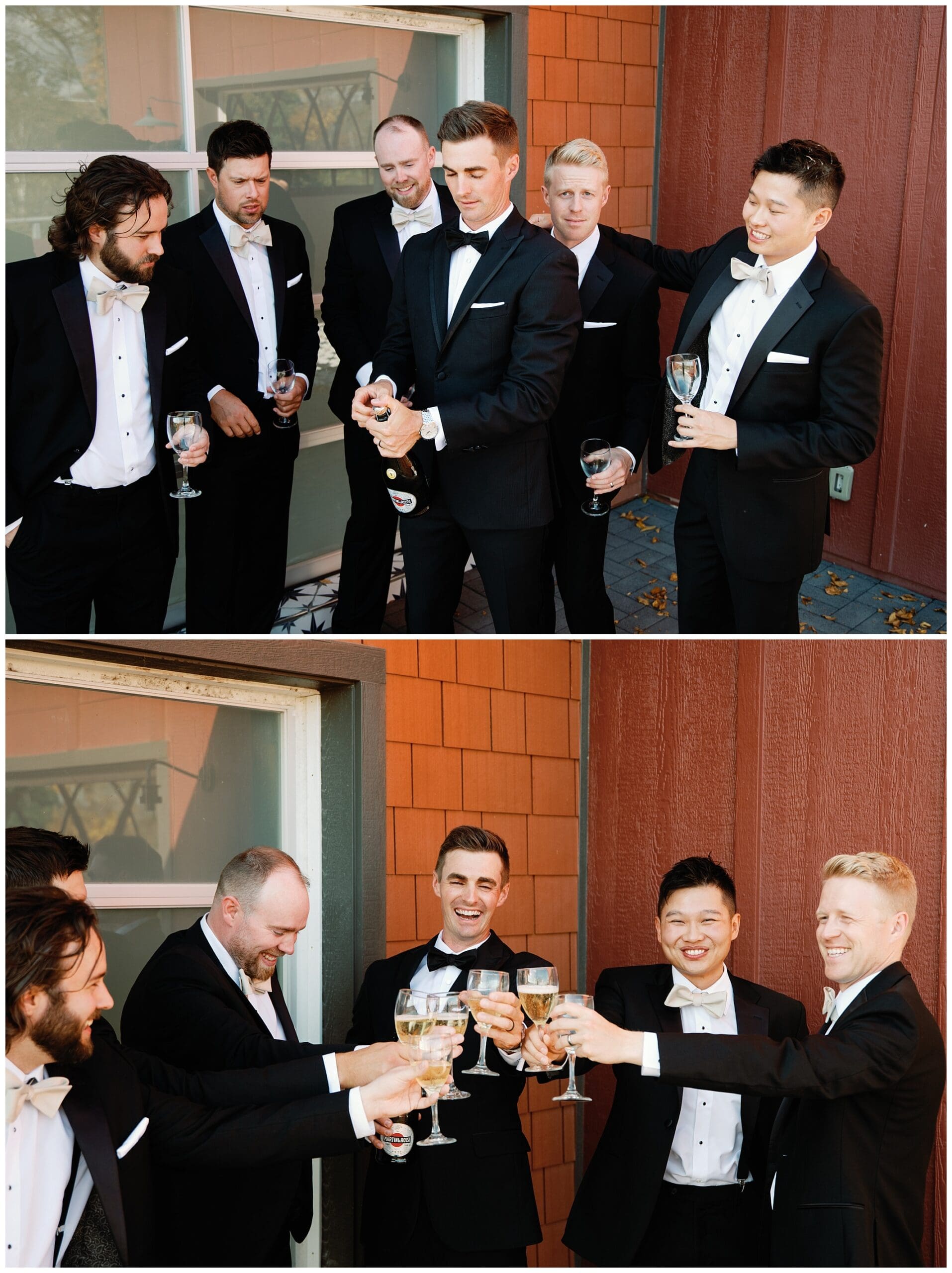 A group of men in tuxedos toasting with wine glasses at a fall wedding.