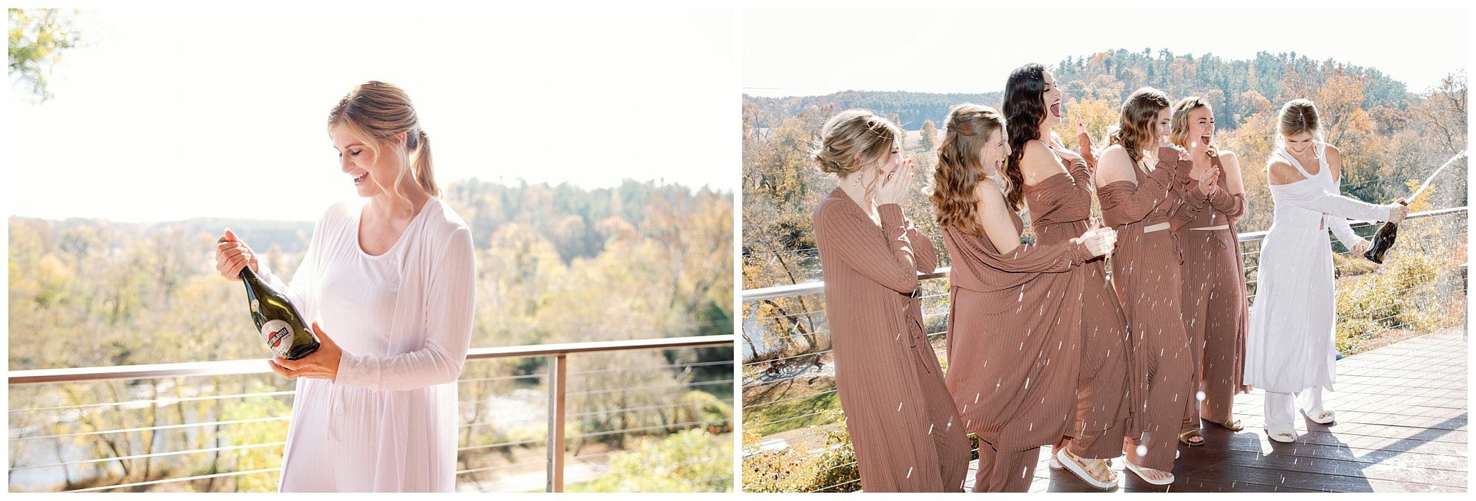 Bridesmaids holding champagne glasses on a balcony at a fall wedding at Crest Center.