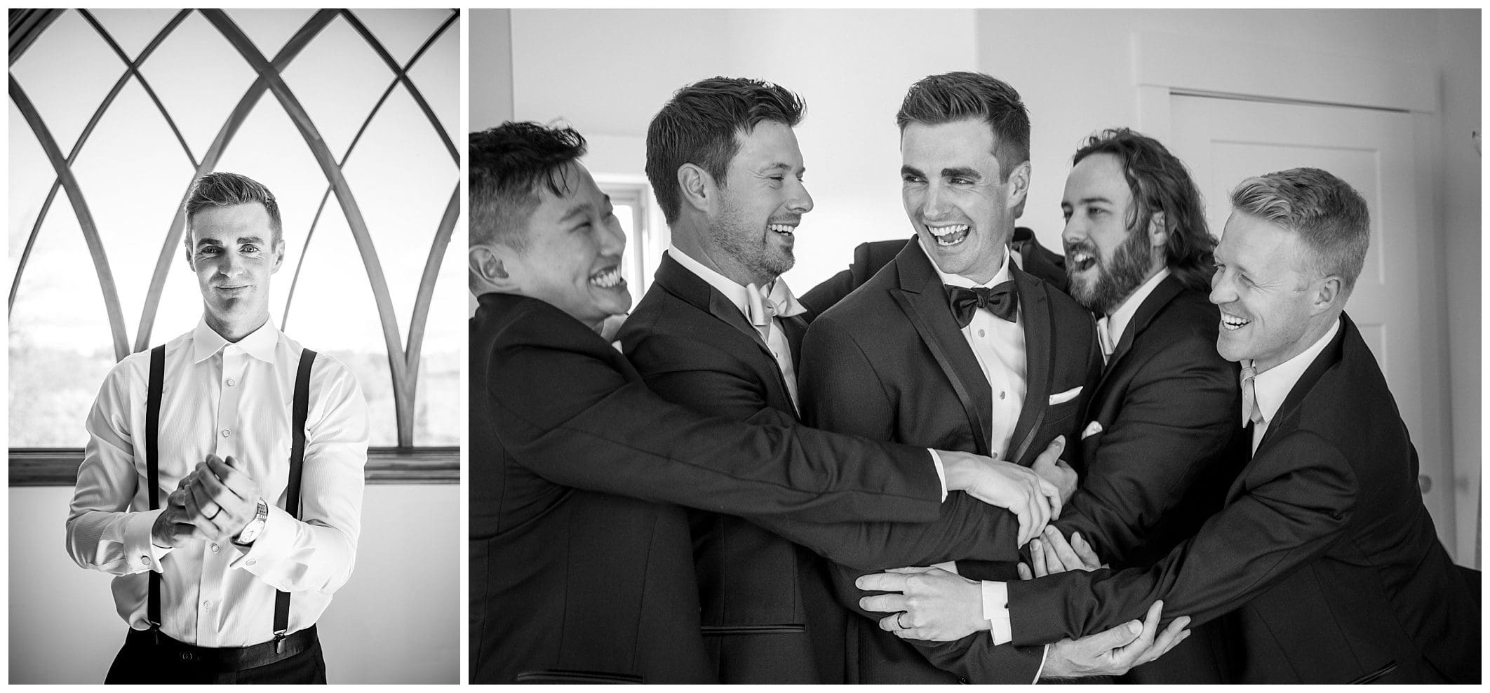 A group of groomsmen hugging each other in tuxedos at a fall wedding.