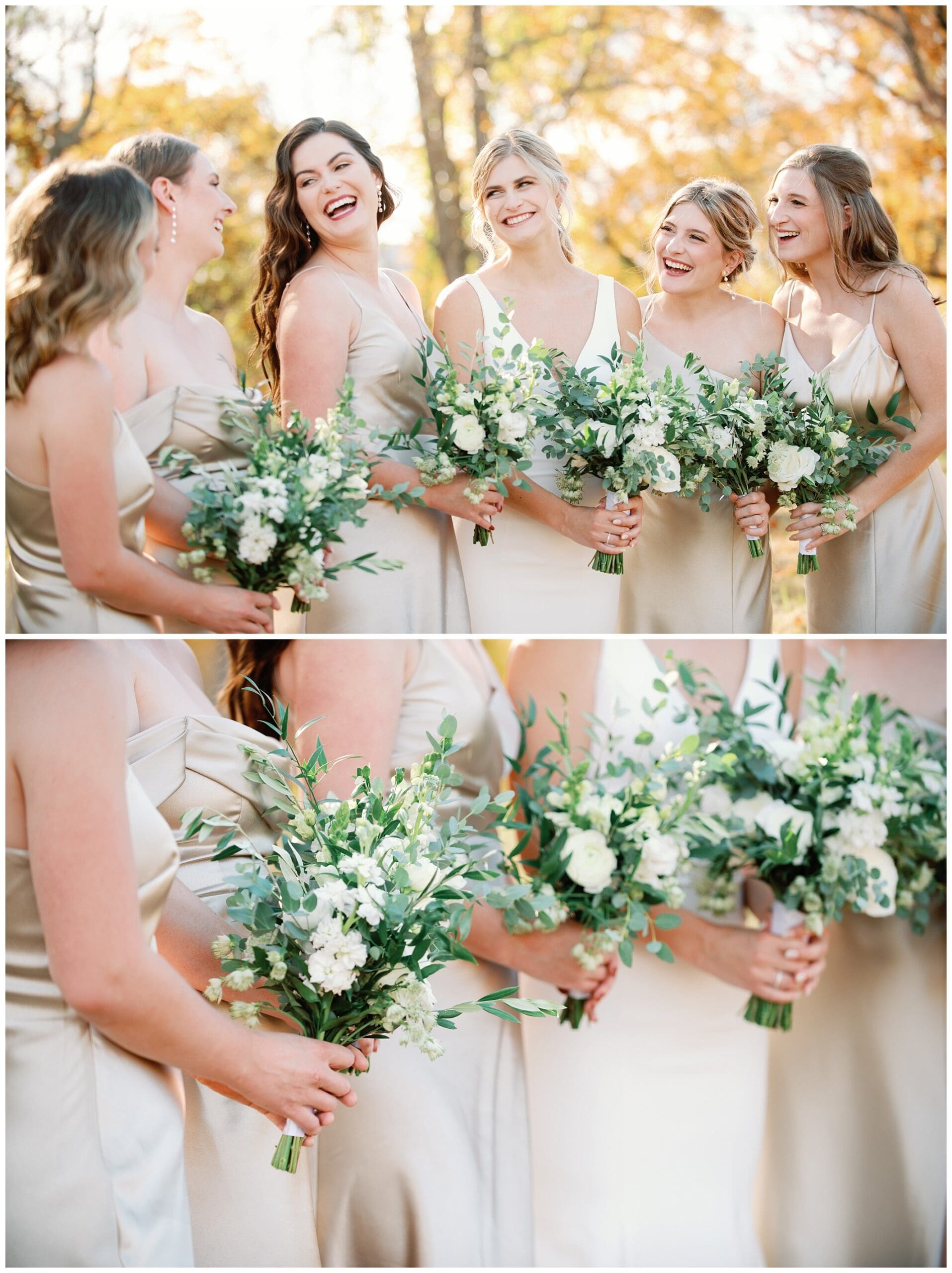 A group of bridesmaids in gold dresses with green bouquets at a fall wedding at Crest Center.