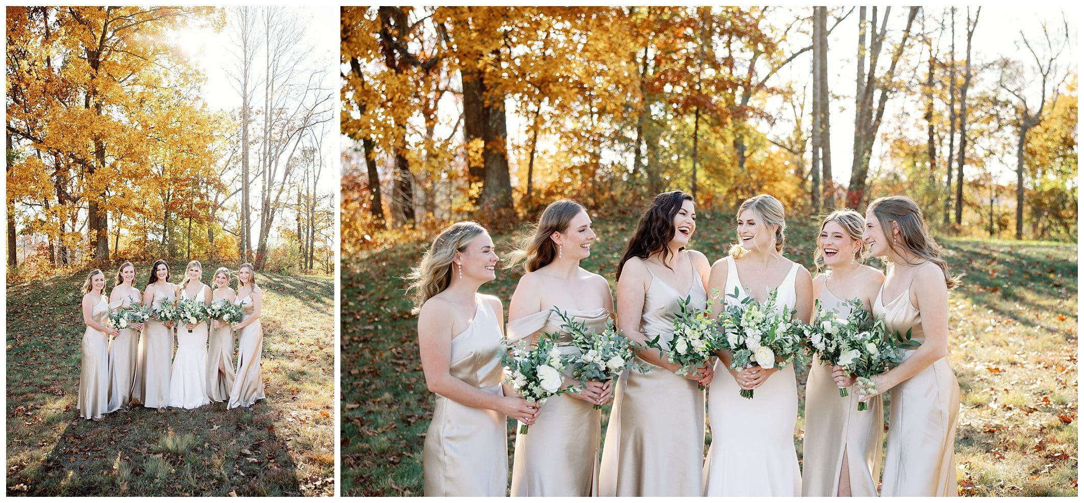 A bride and her bridesmaids in a field at the crest center for a fall wedding.