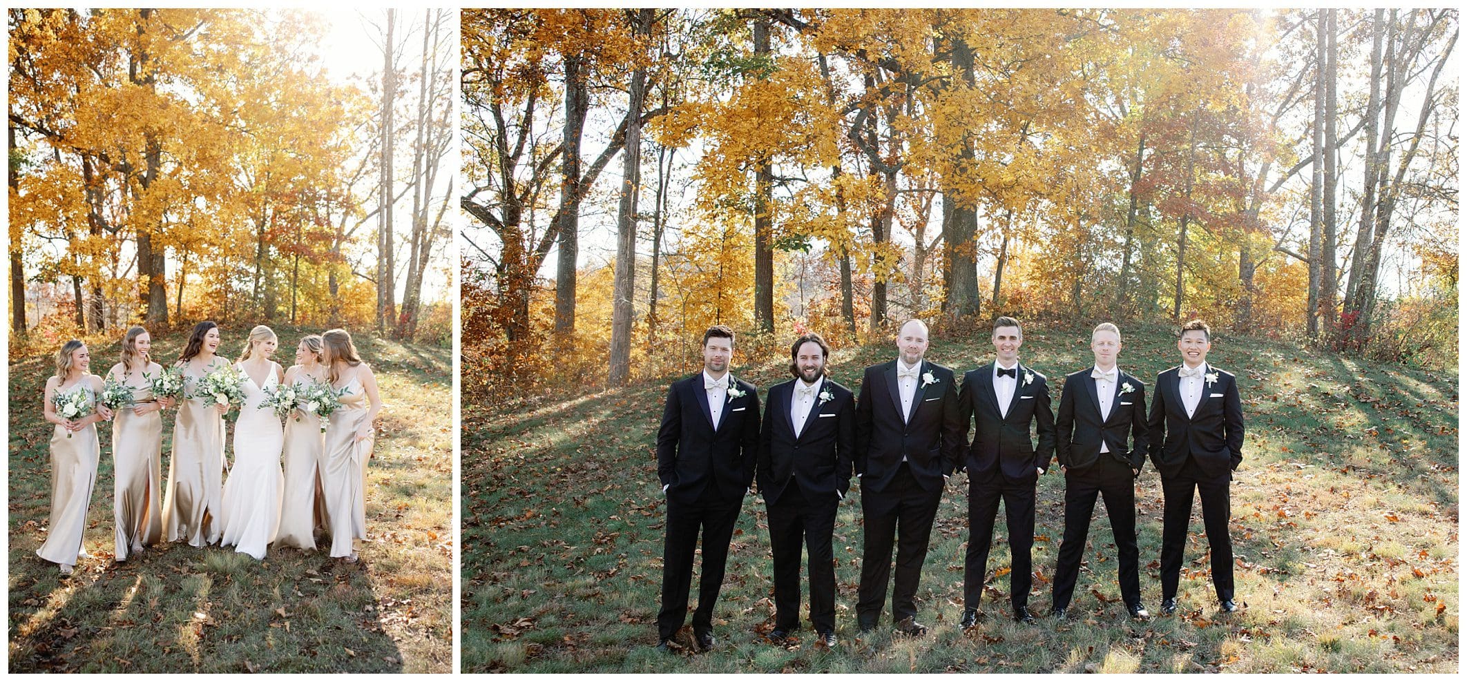 A group of groomsmen in tuxedos at a fall wedding at Crest Center.