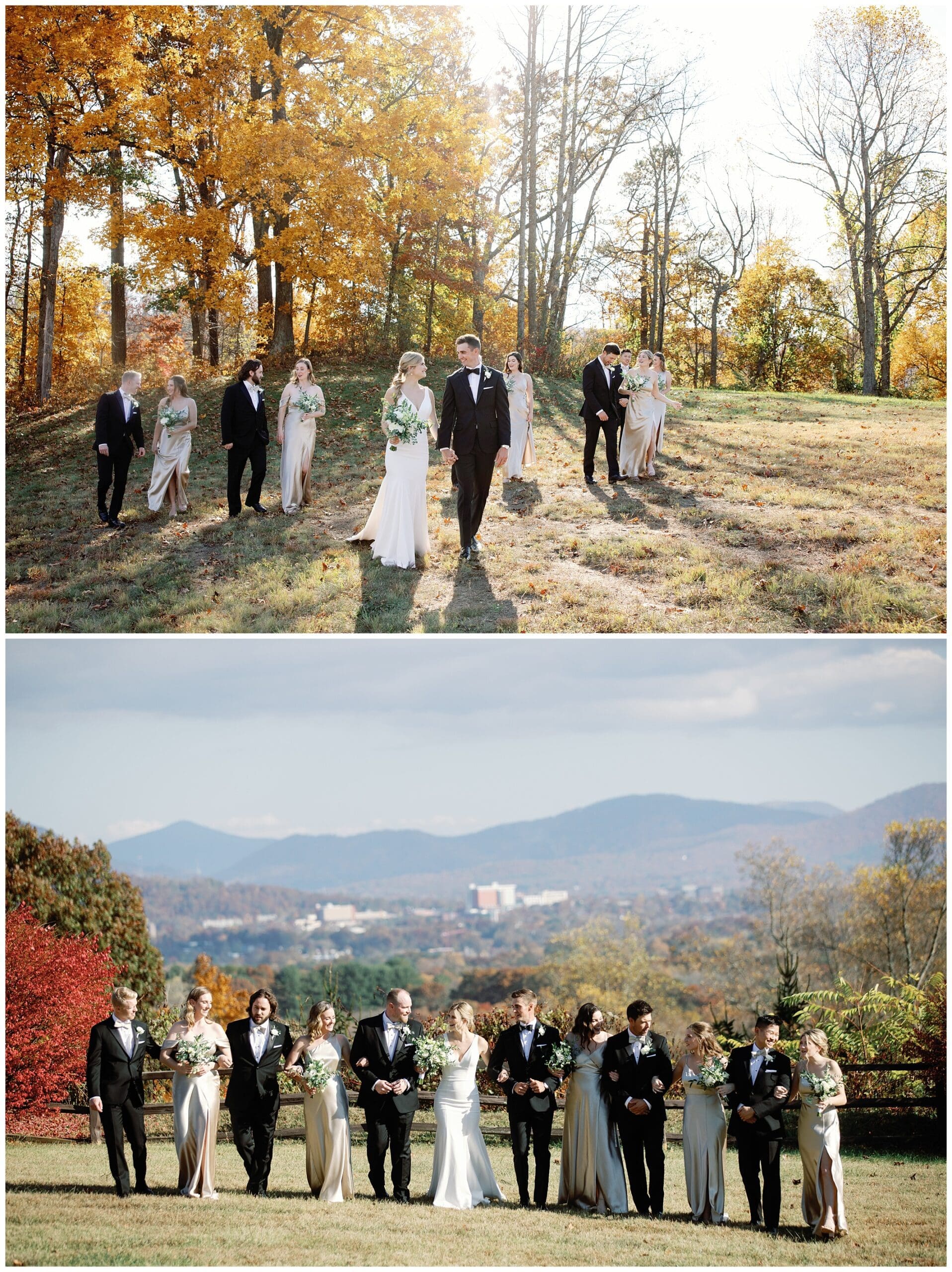 A group of bridesmaids and groomsmen standing in a field during a fall wedding at crest center.