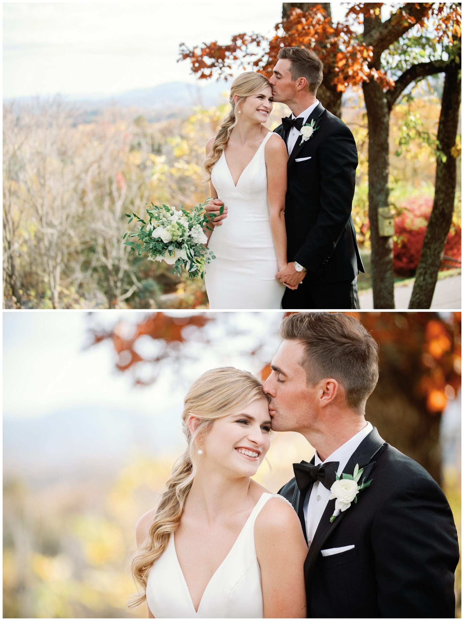 A bride and groom embracing during their fall wedding at Crest Center, with the breathtaking backdrop of the mountains.