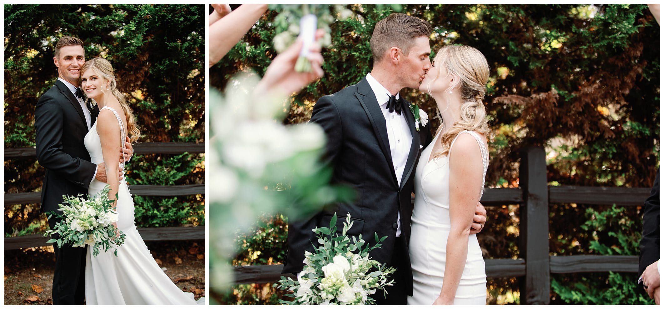 A fall wedding couple sharing a romantic kiss in front of lush bushes at Crest Center.