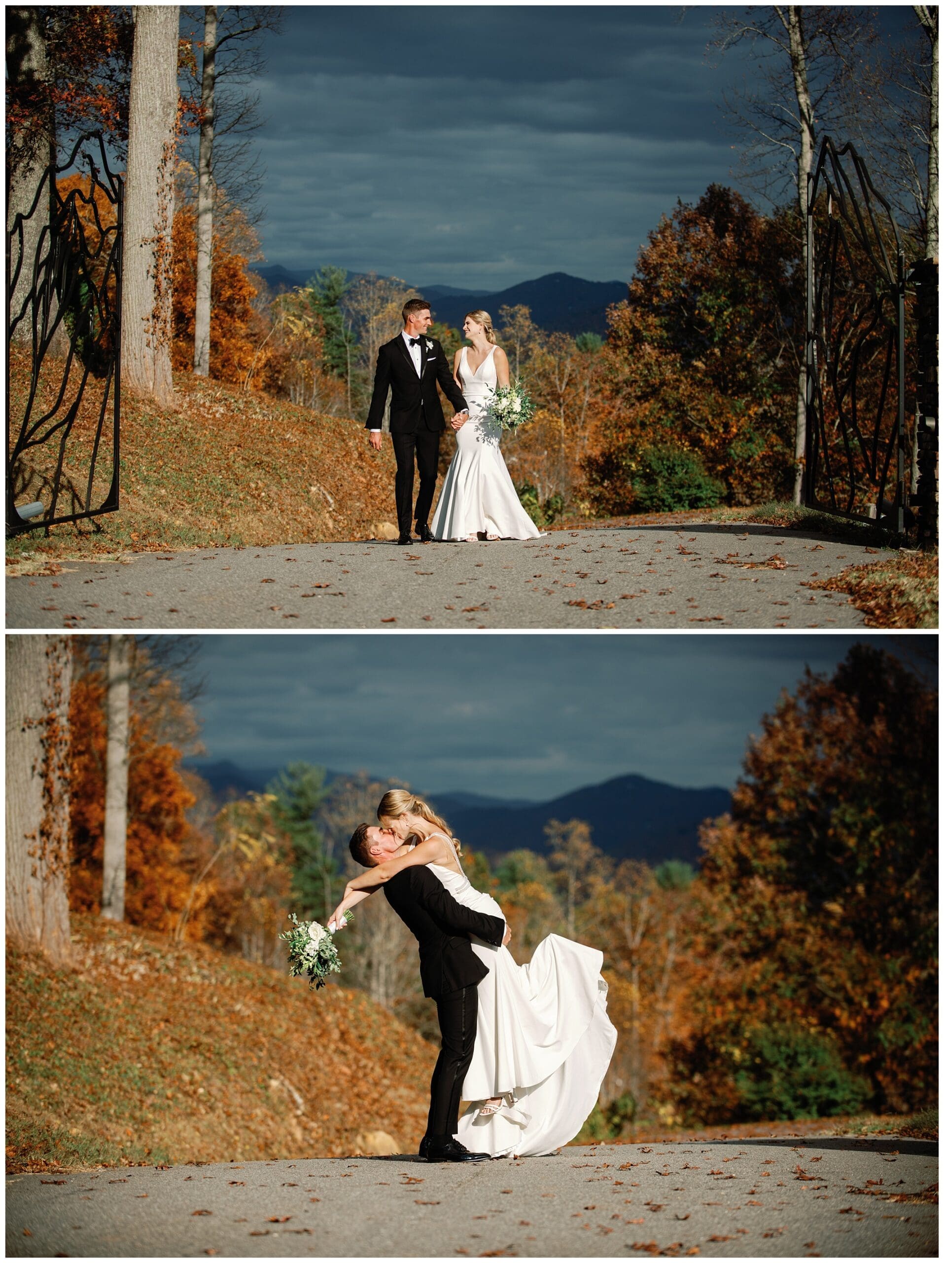 A fall wedding at Crest Center, with the bride and groom lovingly kissing on a path.