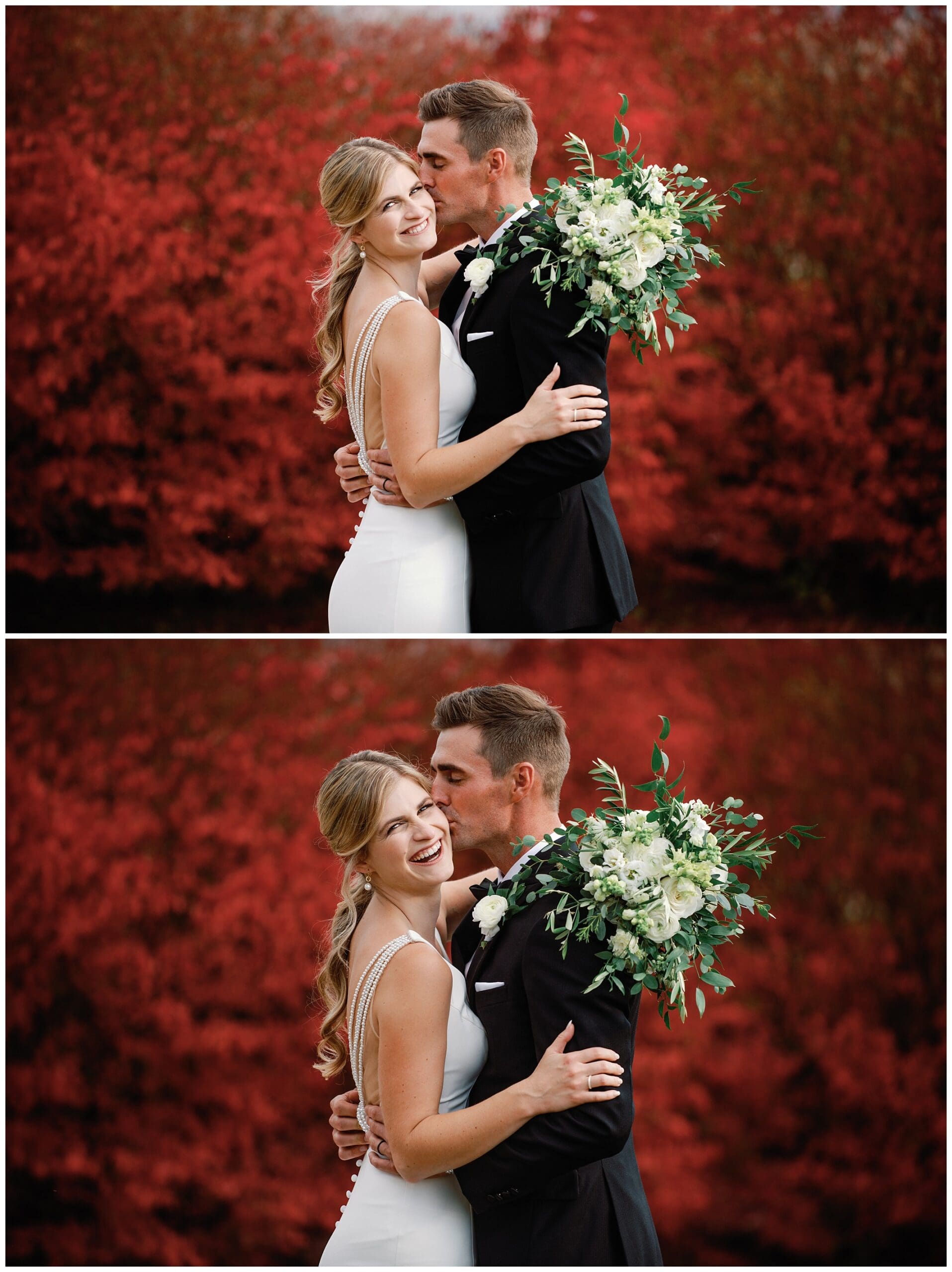 A bride and groom embracing in front of a vibrant red tree at their fall wedding at Crest Center.