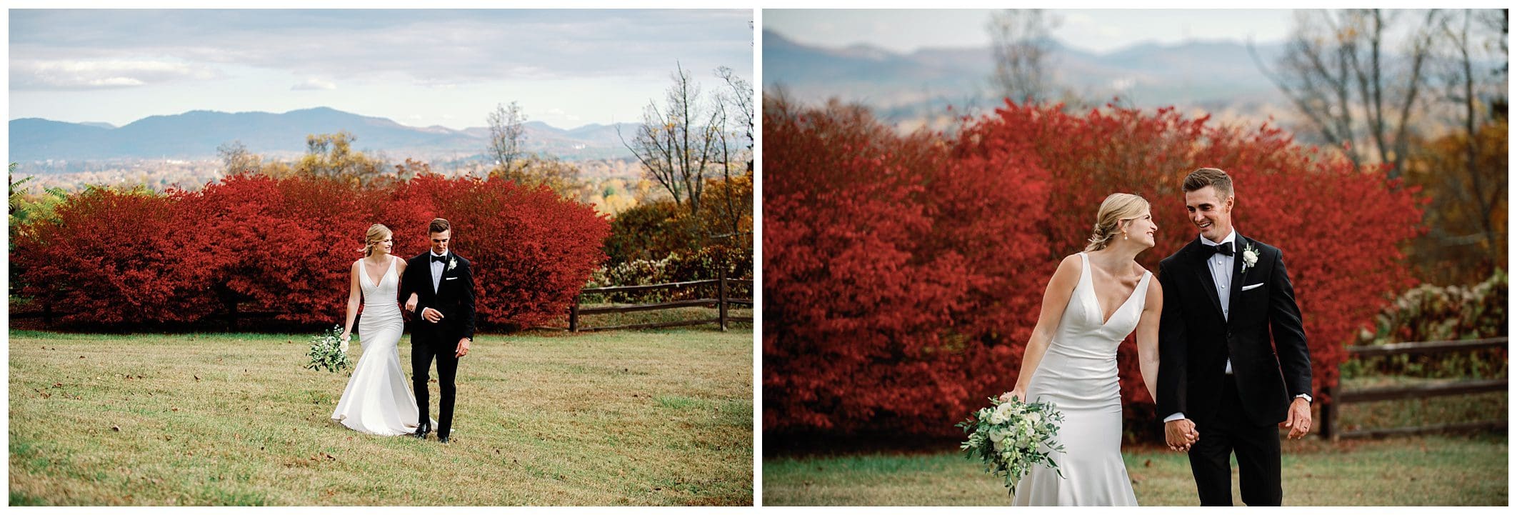 A fall wedding at Crest Center, with the bride and groom standing in front of vibrant red bushes.