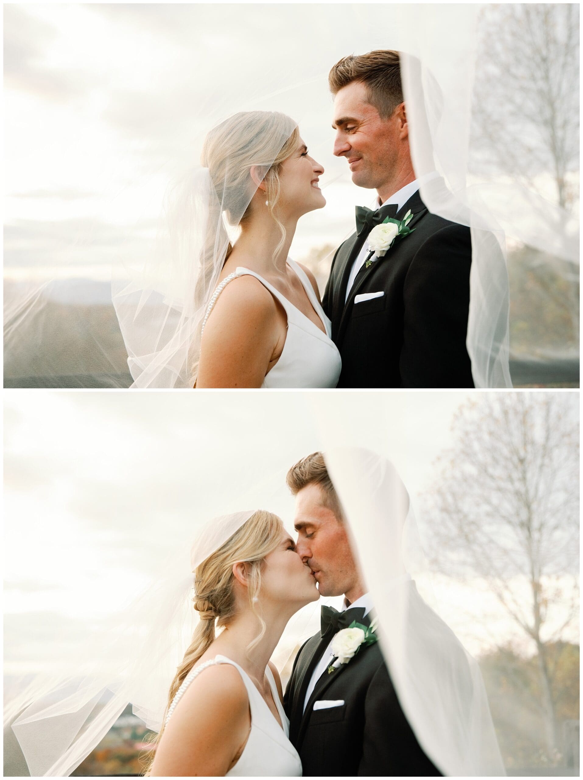 A bride and groom sharing a romantic kiss under a veil at their beautiful fall wedding at Crest Center.
