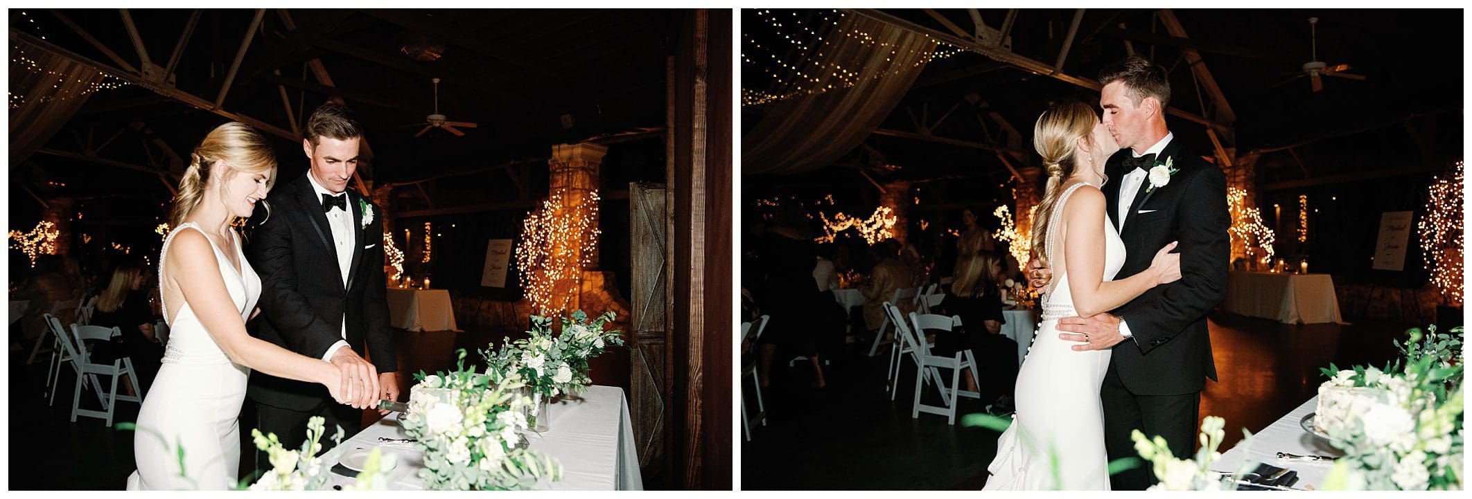 Two pictures of a fall wedding at Crest Center, featuring the bride and groom cutting their wedding cake.