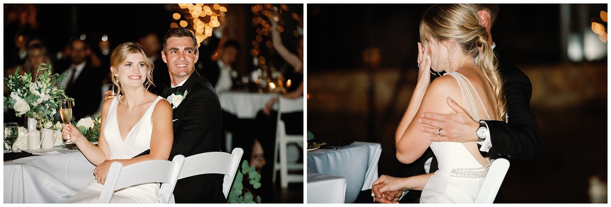 Two pictures of a bride and groom at a fall wedding reception at Crest Center.