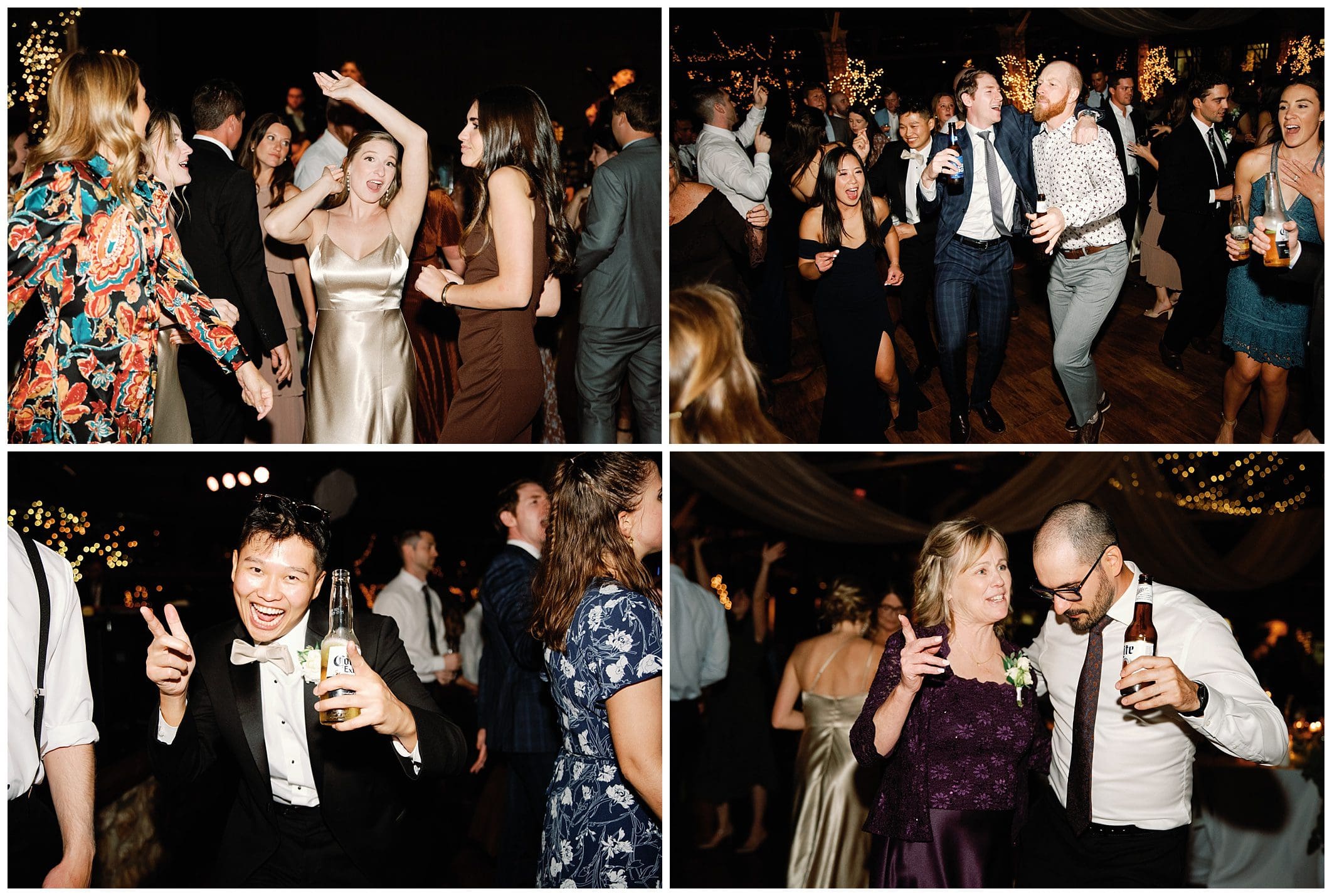 A group of people dancing at a fall wedding reception.