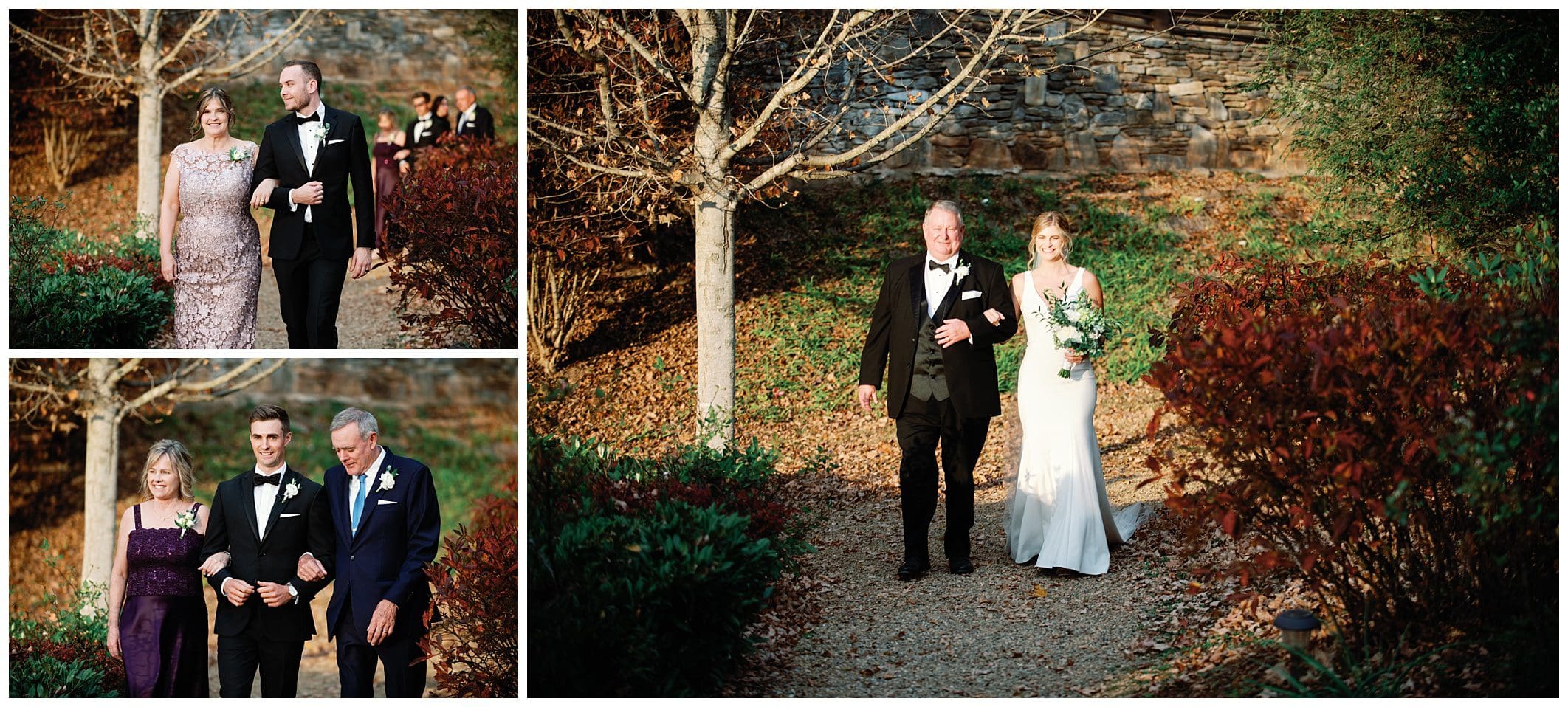 Four pictures of a bride and groom walking down a path during their fall wedding at Crest Center.