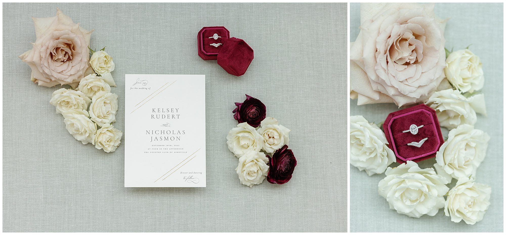Burgundy velvet ring box and wedding invitations and roses on a styled for wedding detail photos 
