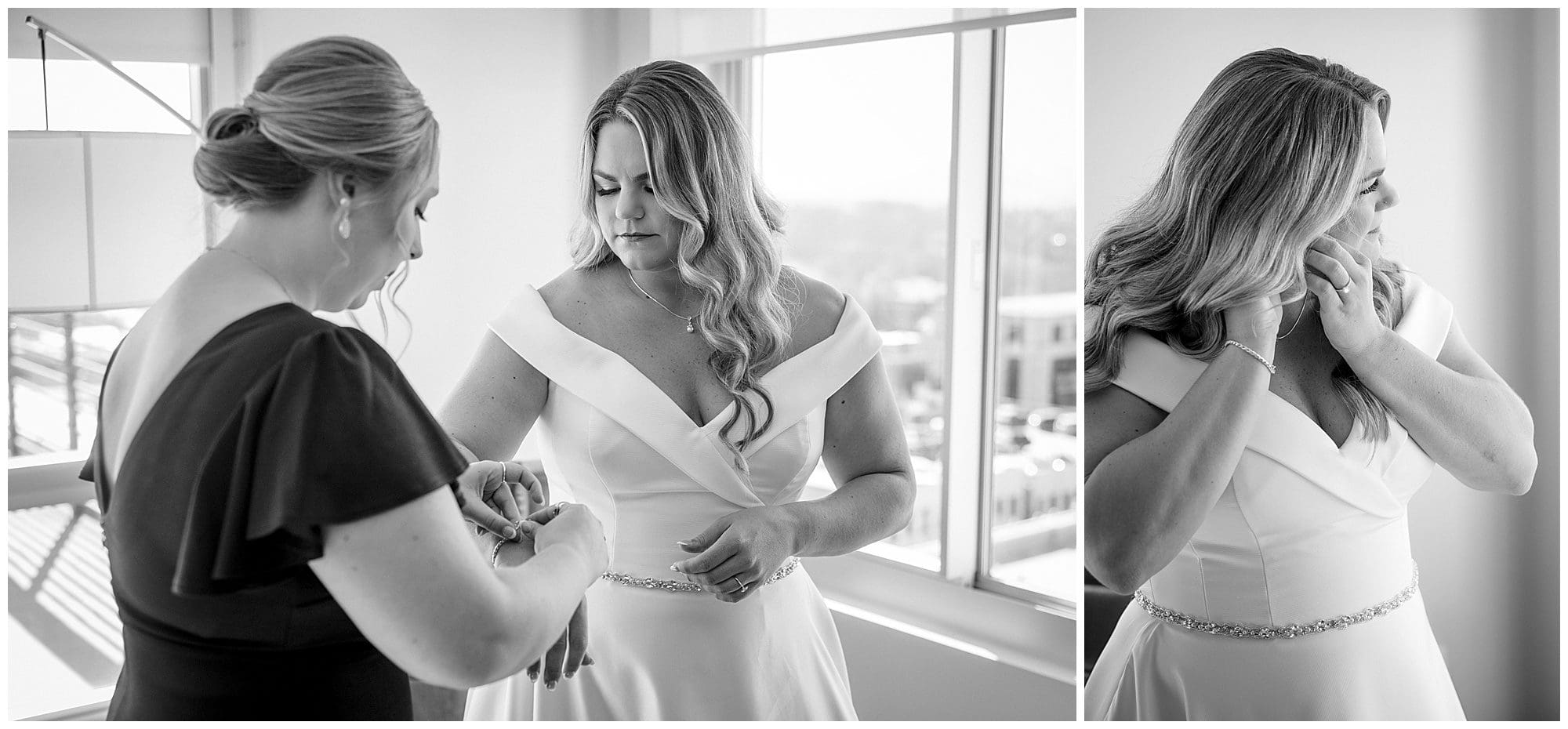 Black and white photos of a bride getting ready for her wedding.