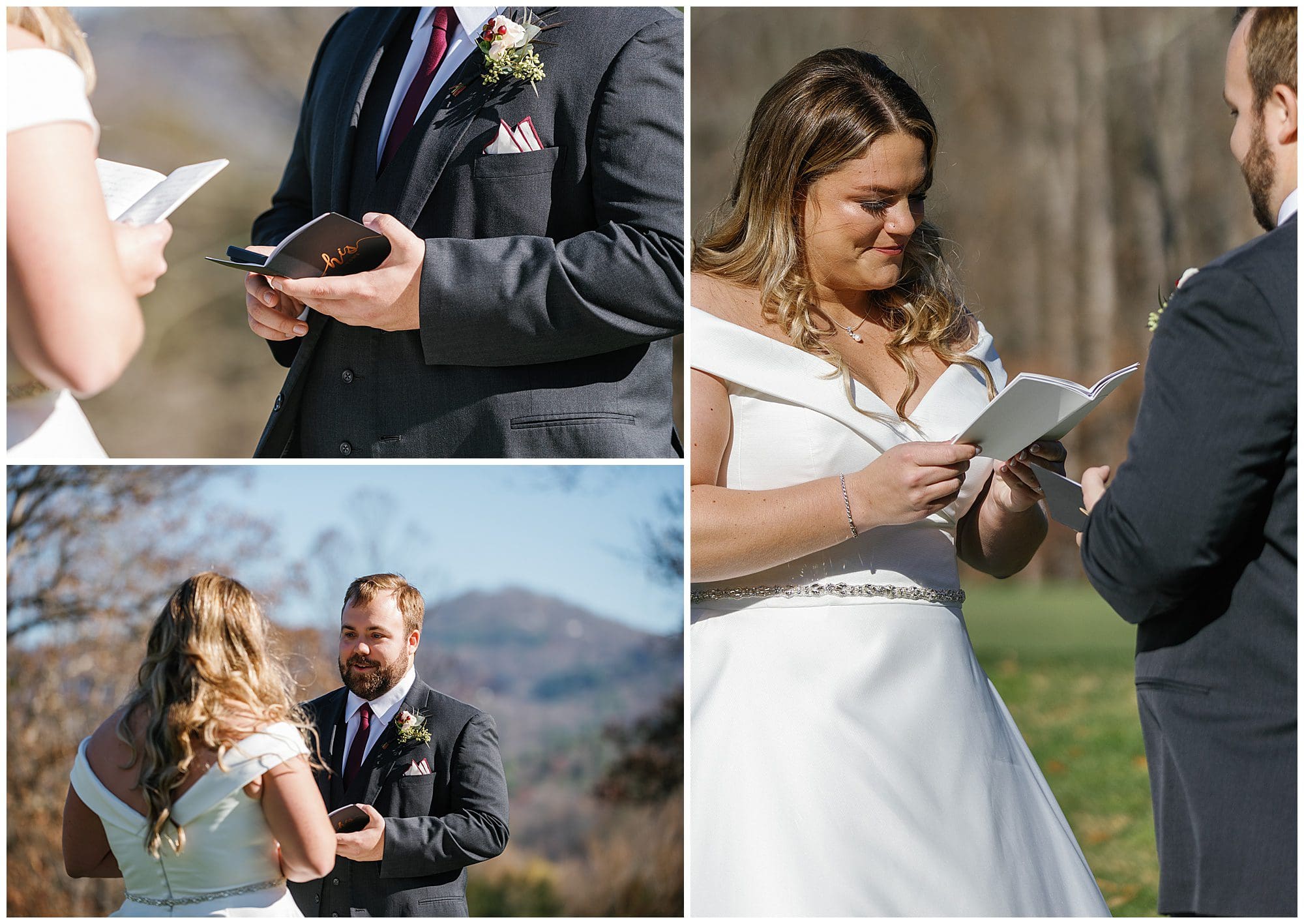 A bride and groom reading their wedding vows.