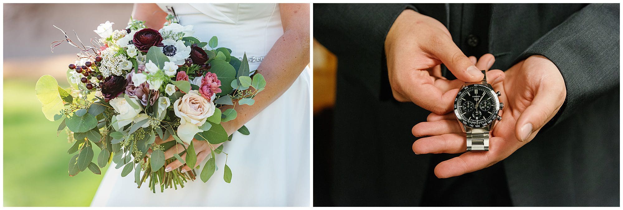 Two pictures of a bride and groom holding a watch.