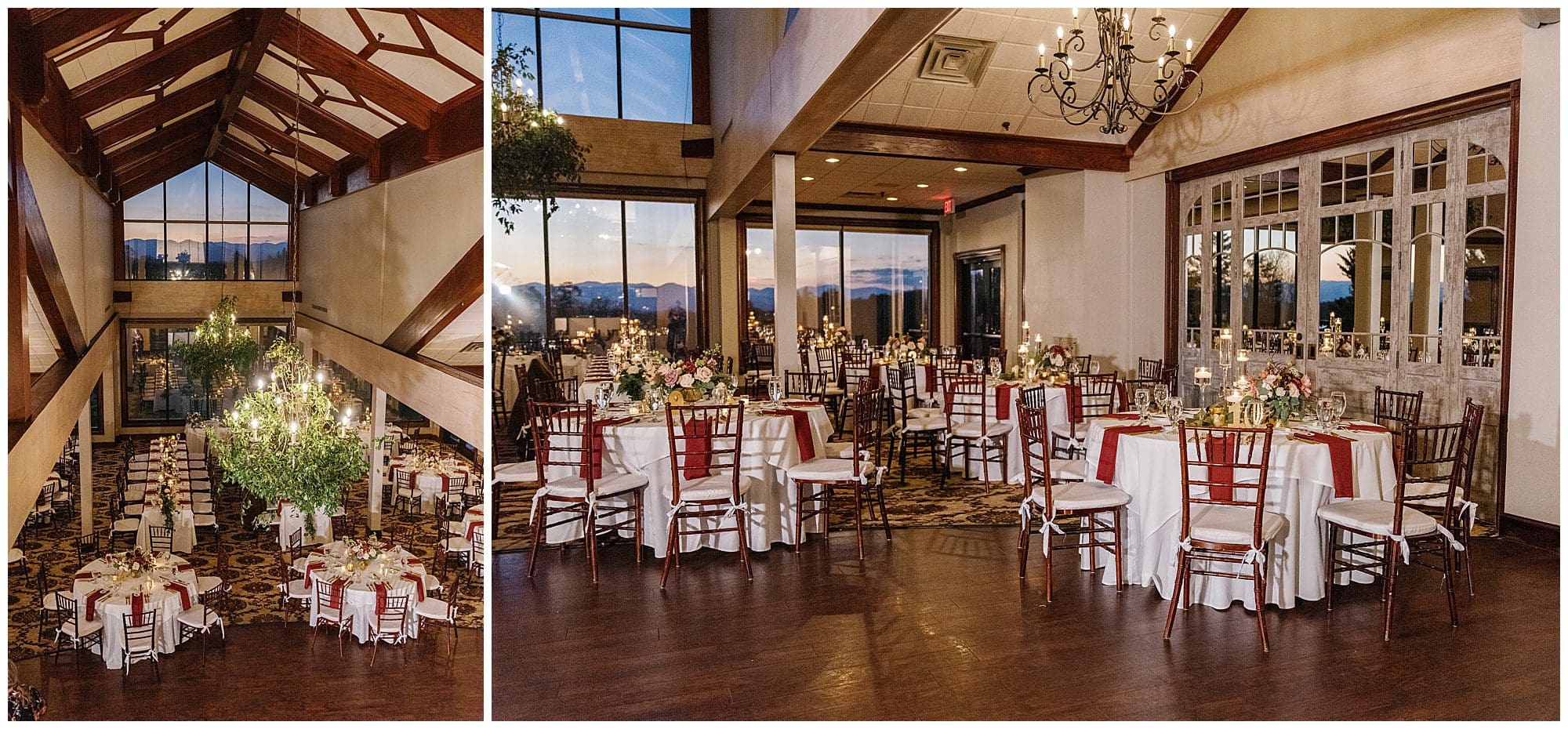 A wedding reception in a large room with tables and chairs.