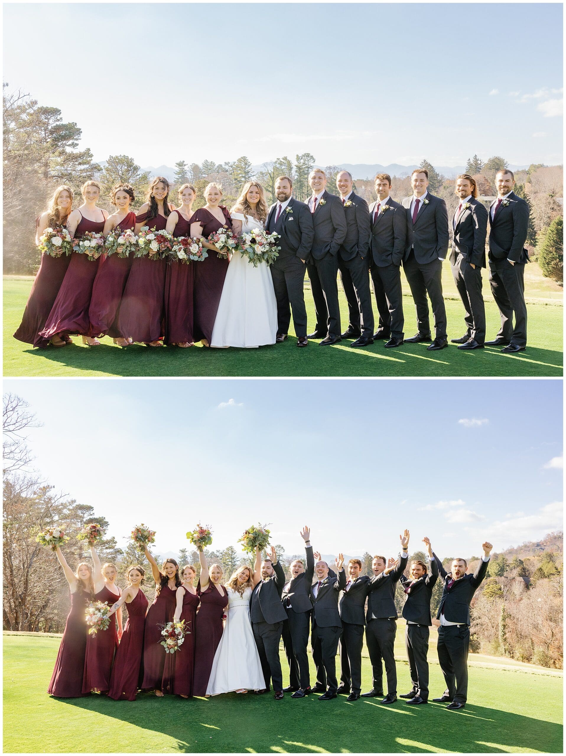 A group of bridesmaids and groomsmen pose for a photo on the golf course.