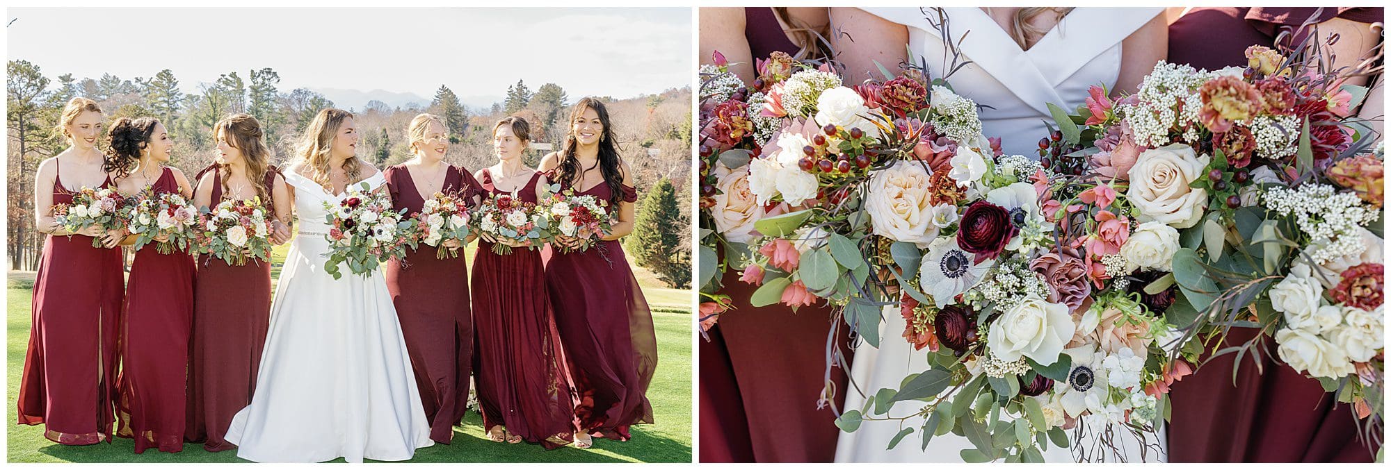 A bride and her bridesmaids in burgundy dresses.