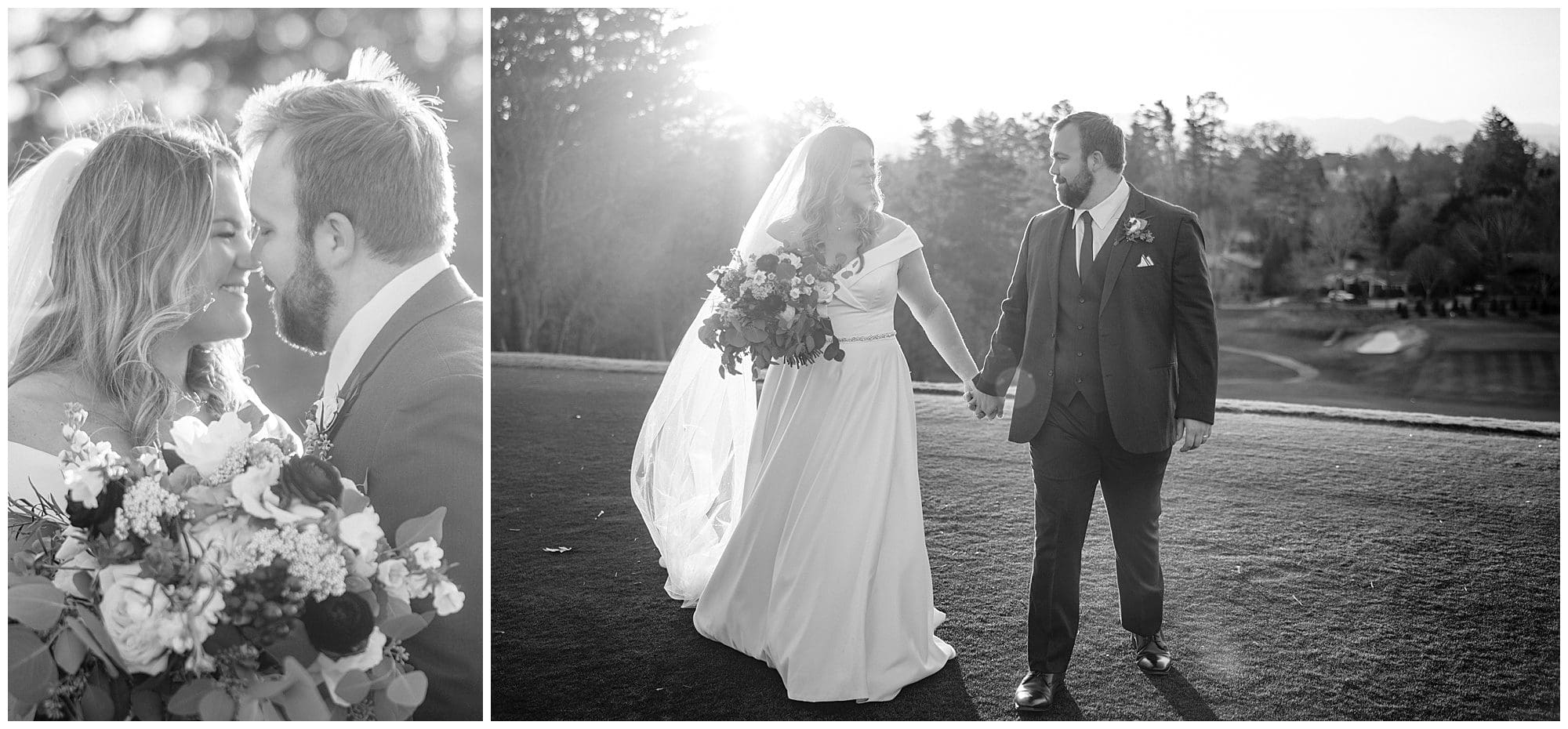 Two black and white photos of a bride and groom holding hands.