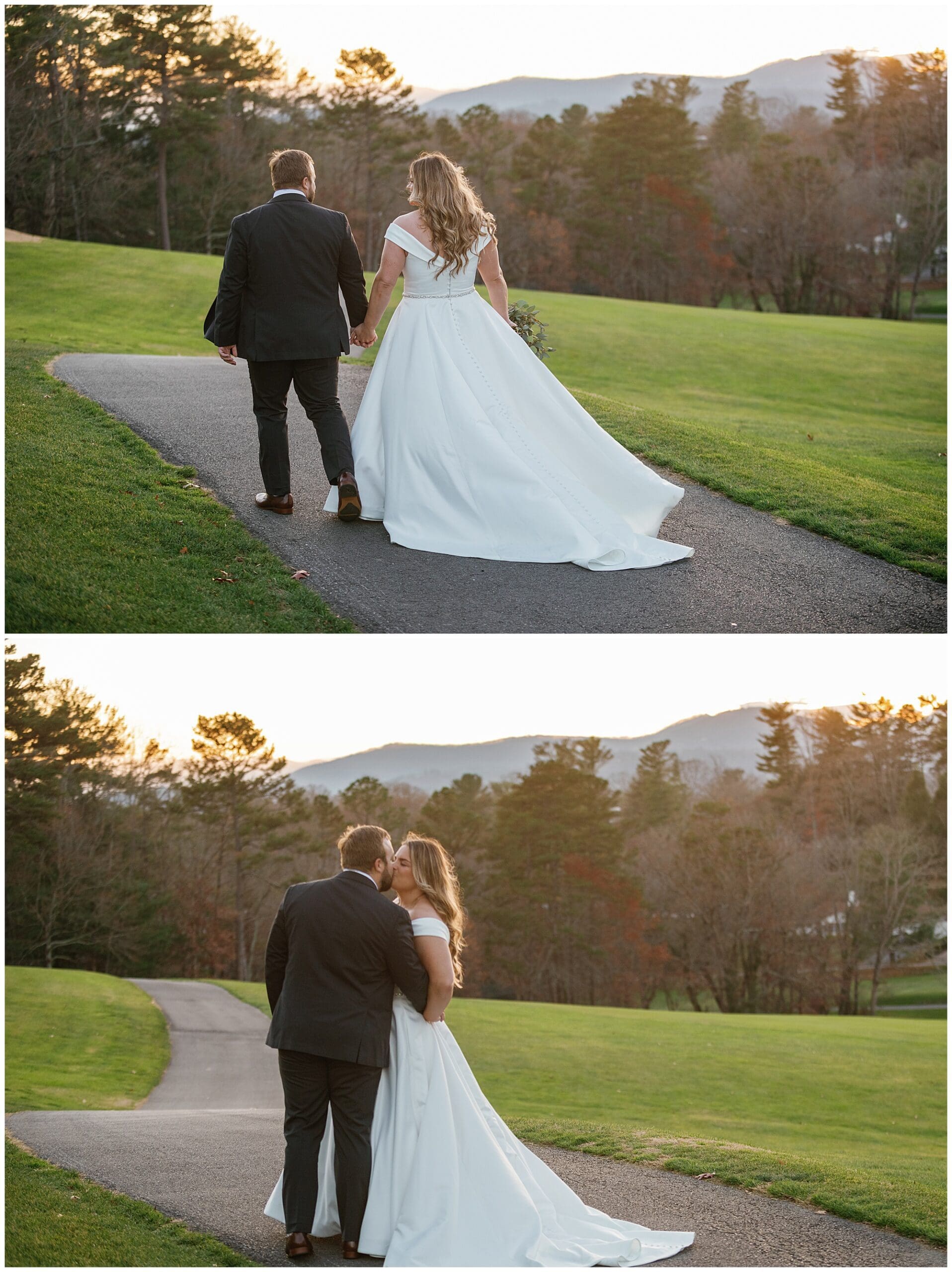 A bride and groom walking down a path at sunset.
