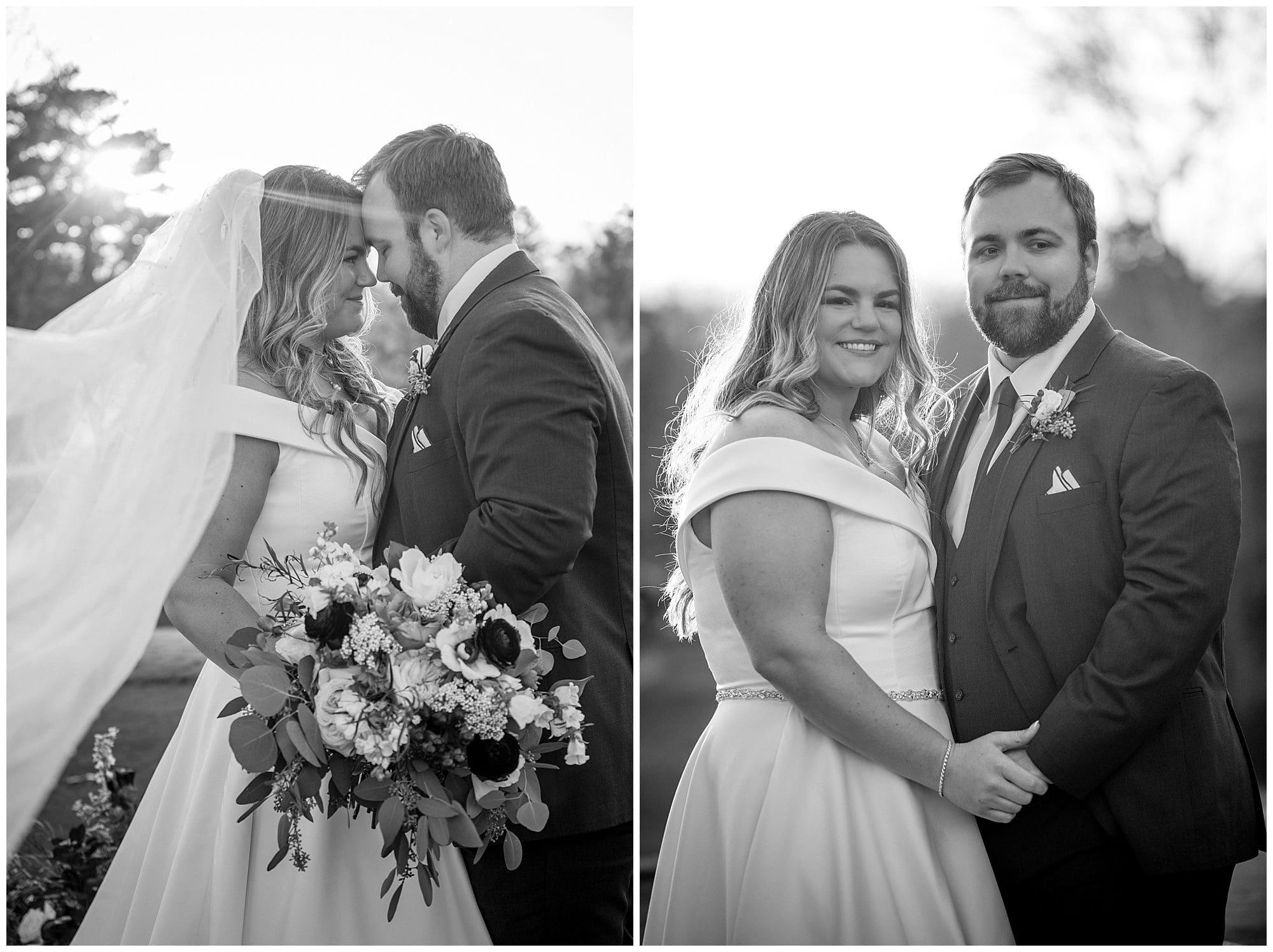 Two black and white photos of a bride and groom.