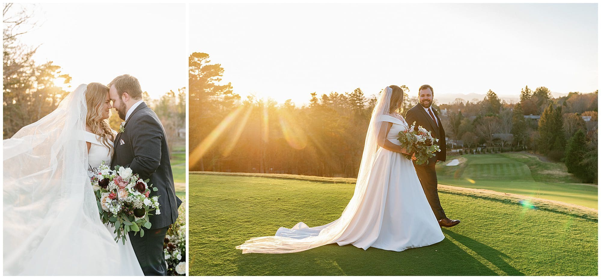 A bride and groom standing on a golf course at sunset.
