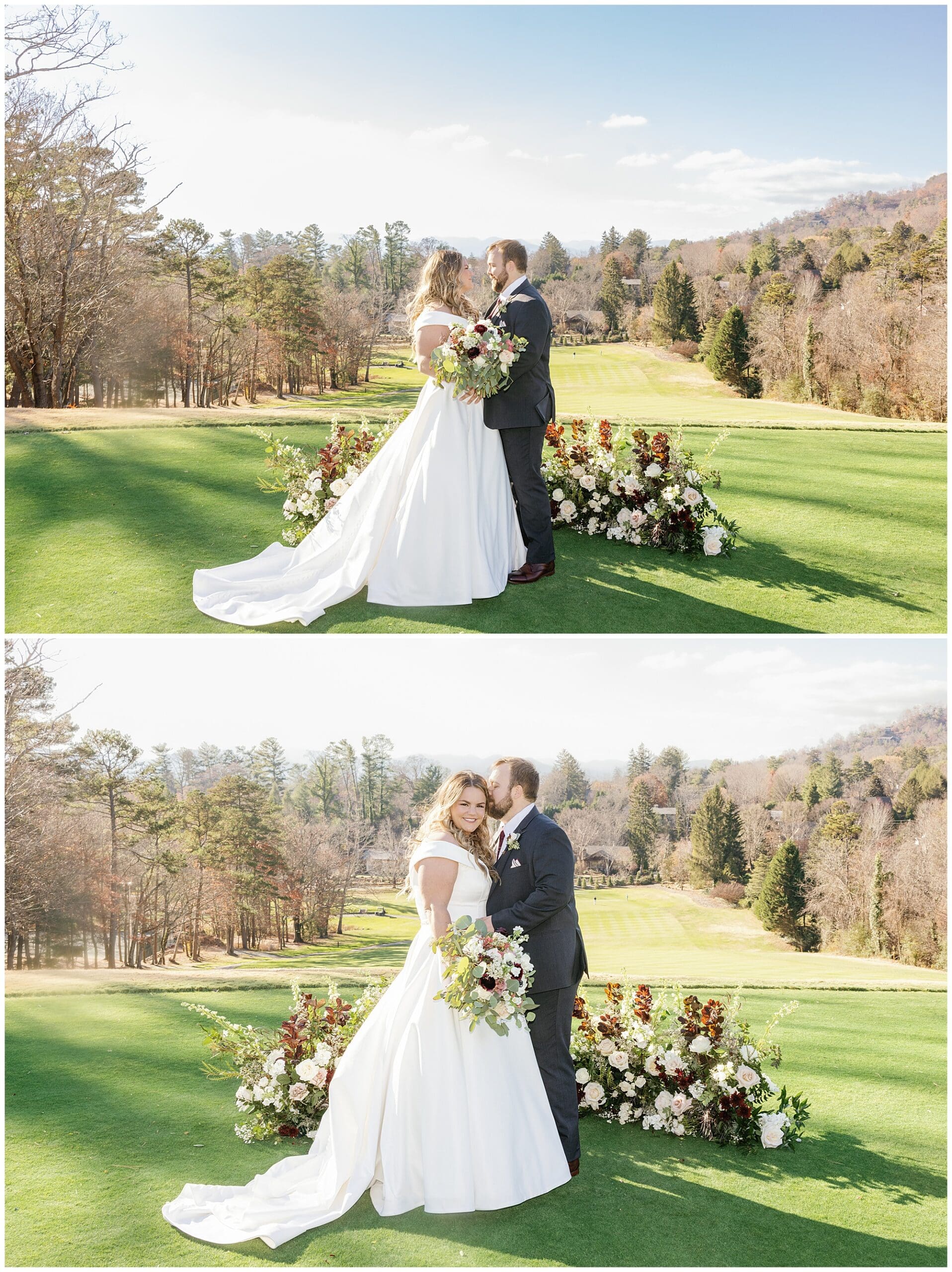 A bride and groom kissing on a golf course.