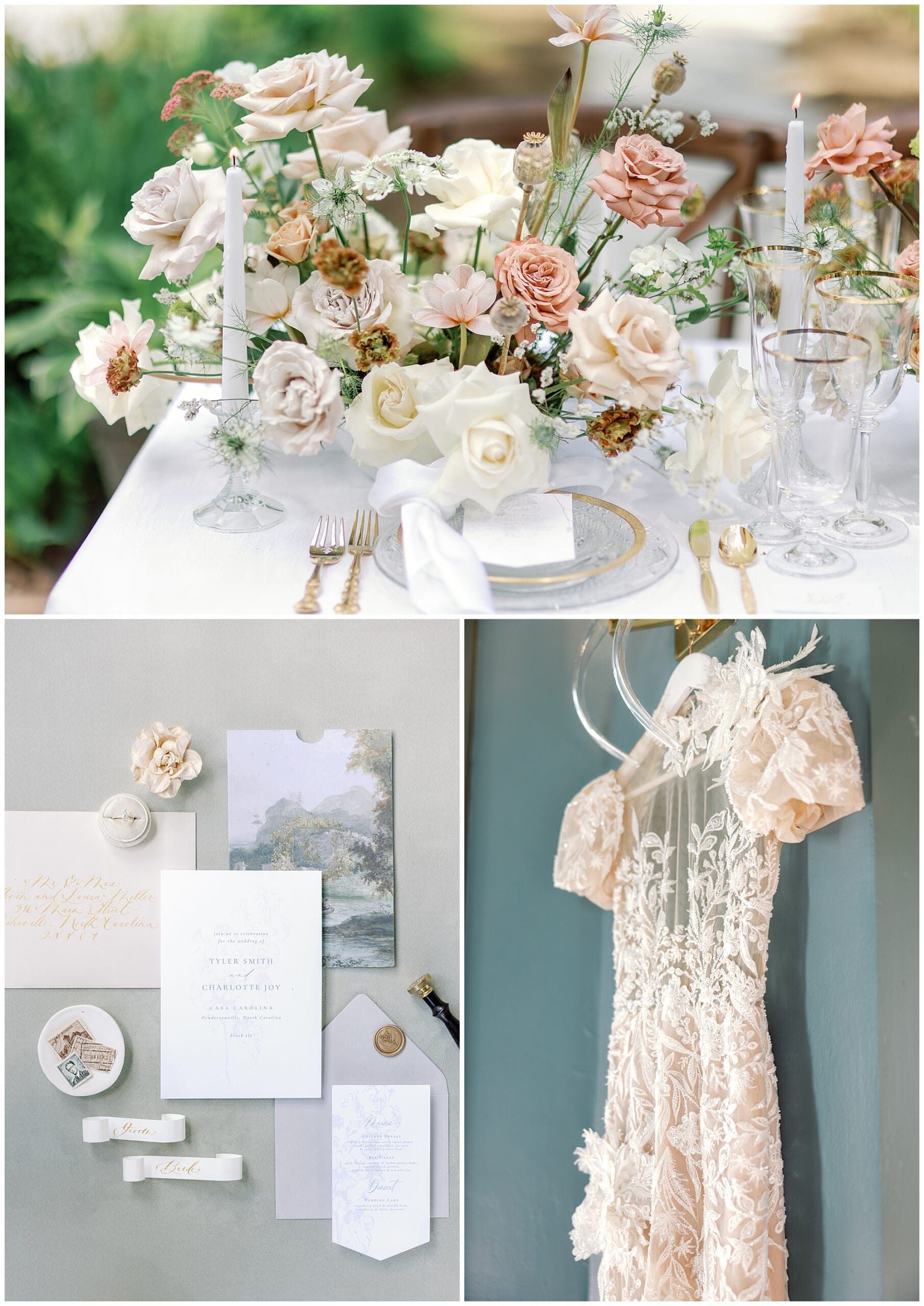 A collage of photos of a wedding with a white dress and flowers.