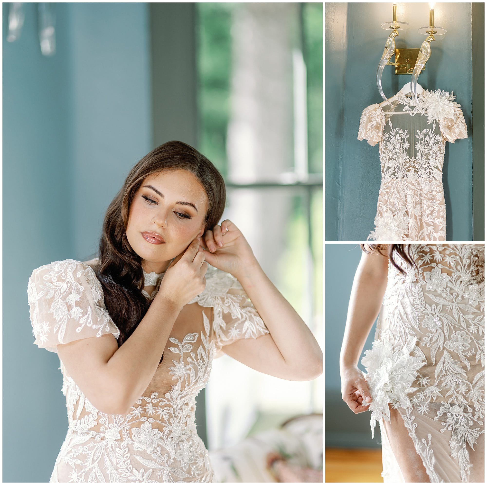 A bride is getting ready in a lace wedding dress.