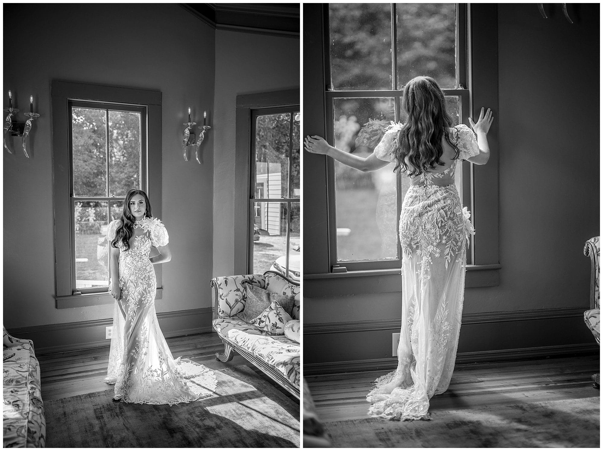Two black and white photos of a bride in a wedding dress.