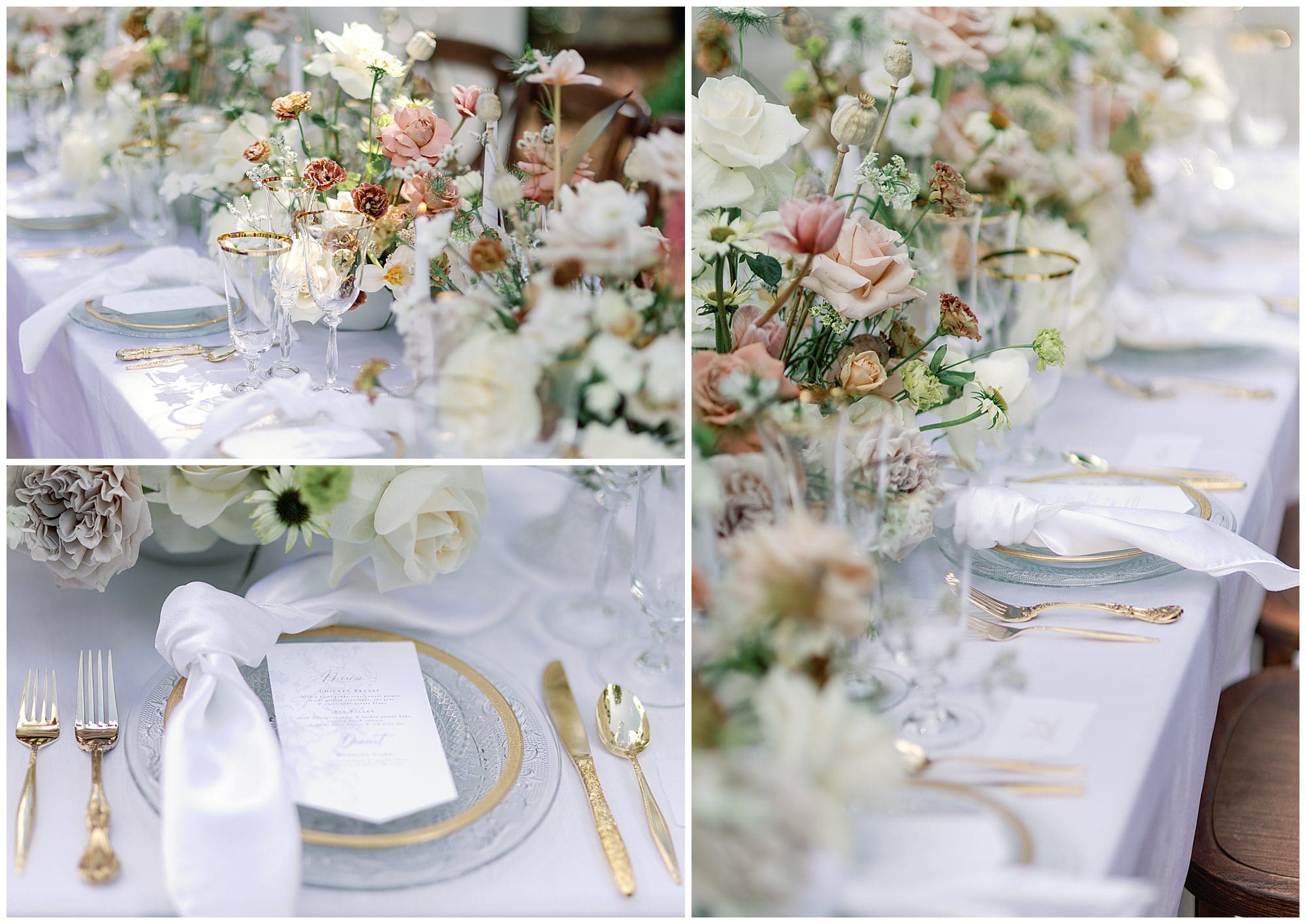 A table setting with white and pink flowers and silverware.