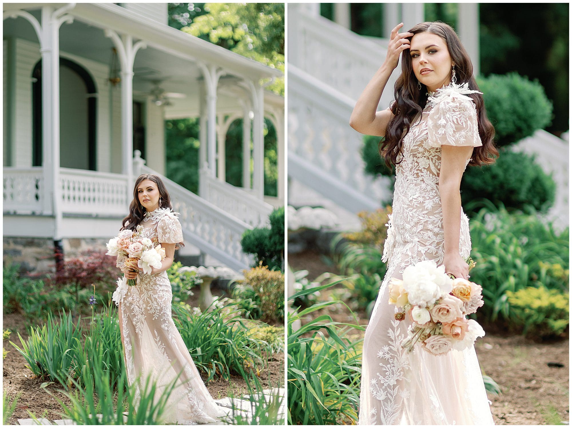A bride in a wedding dress posing in front of a house.