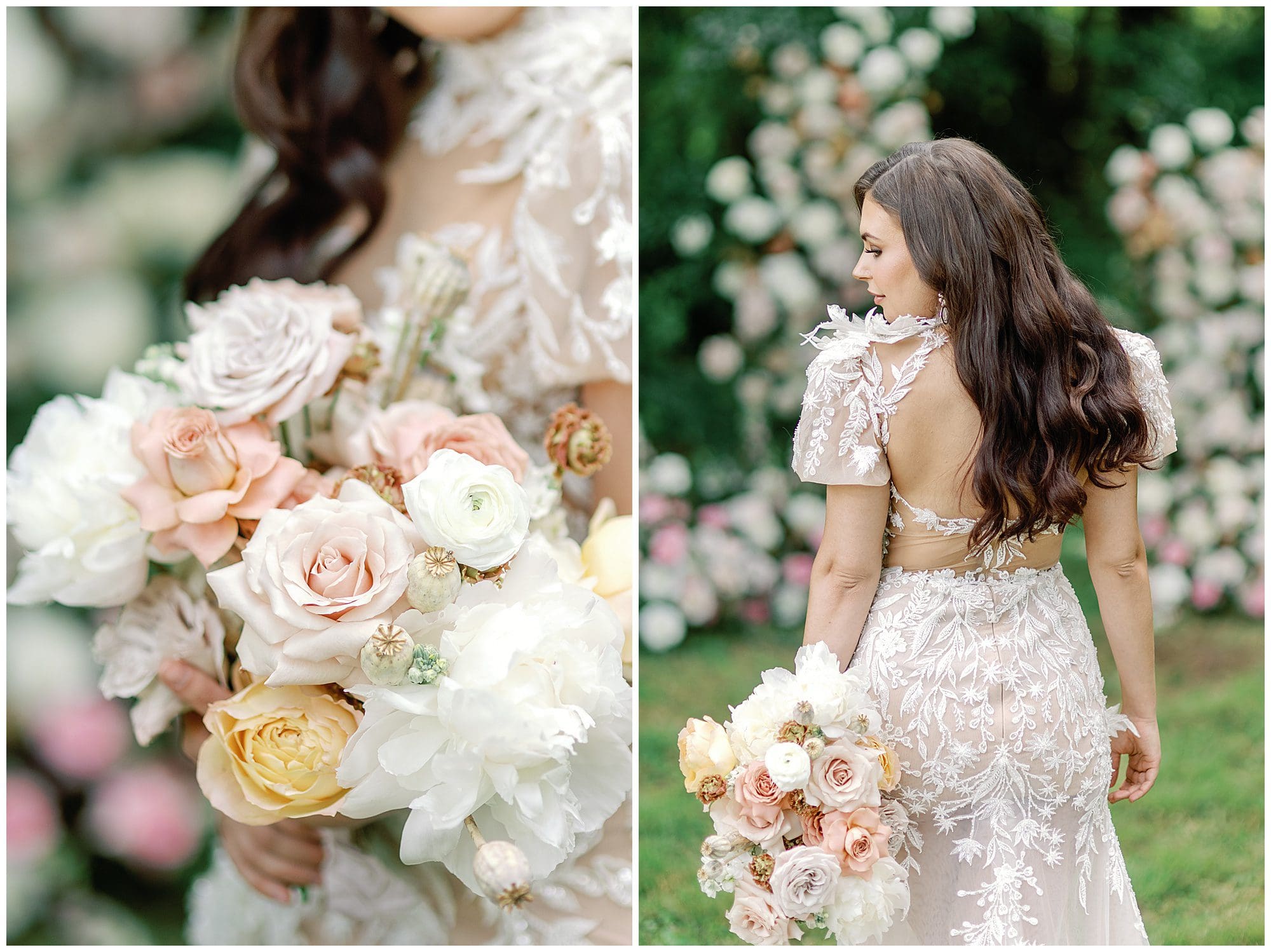 A bride in a wedding dress holding a bouquet of flowers.
