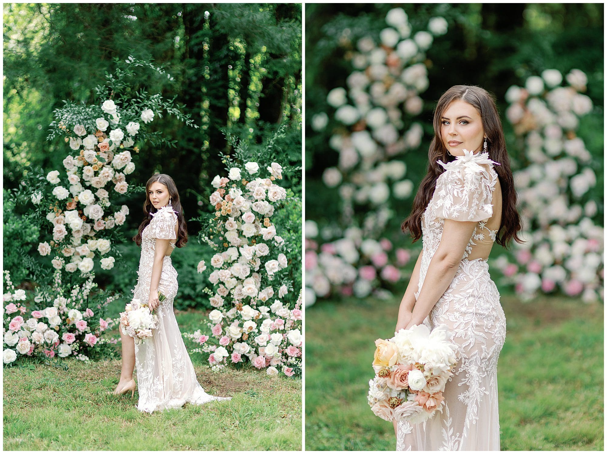 A bride posing in front of a rose garden.