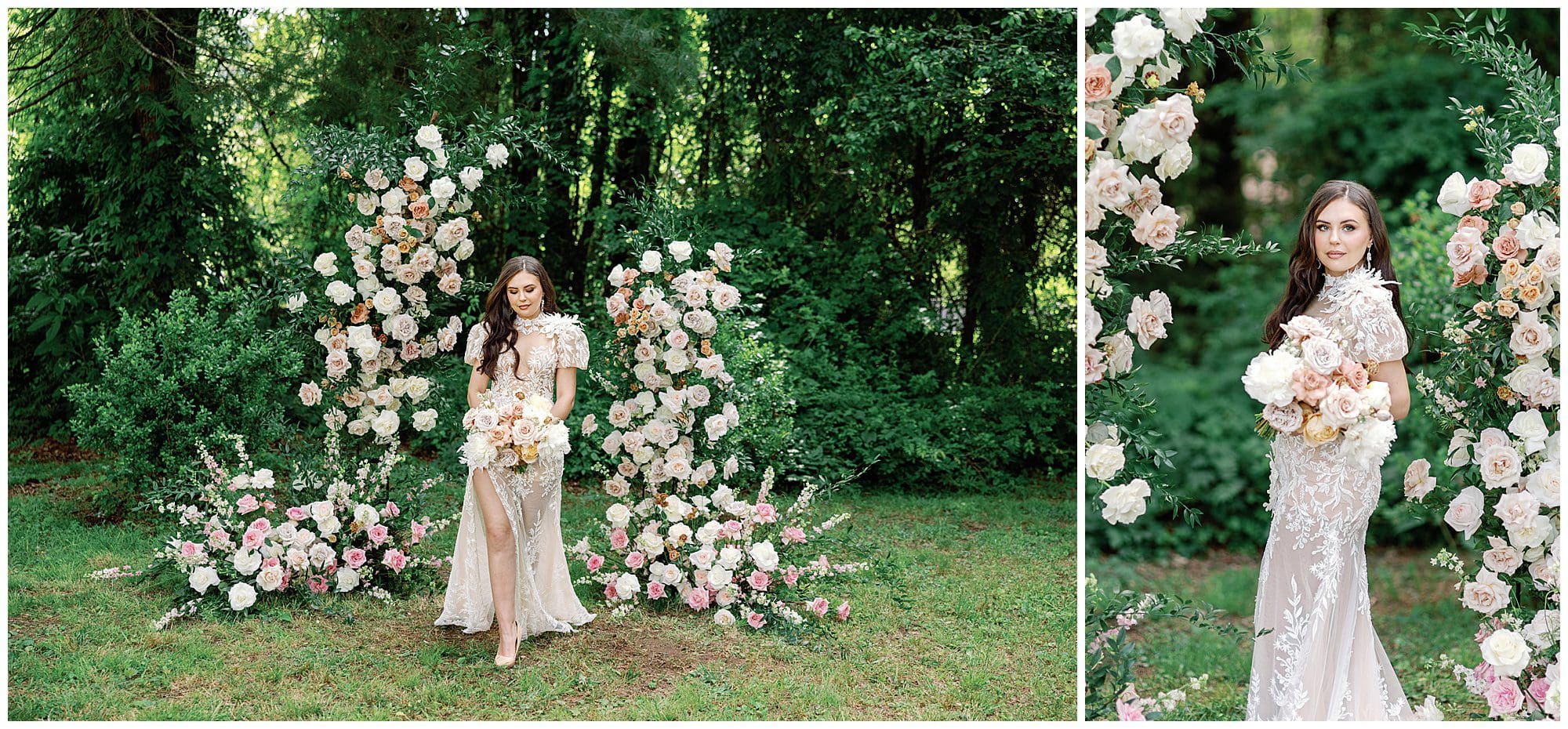 A bride posing in front of a rose garden.