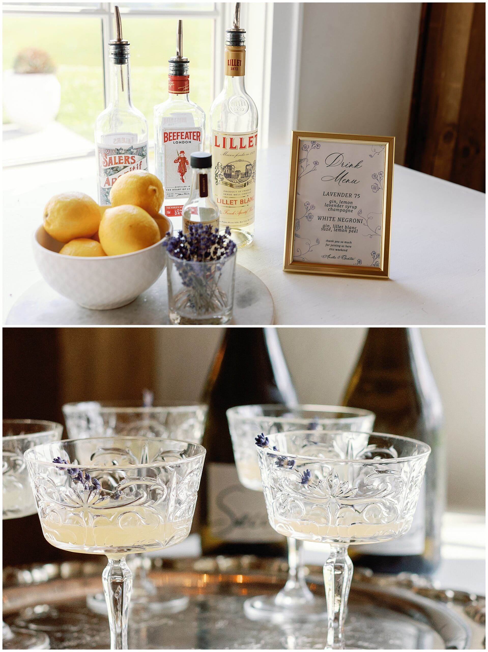 Two pictures of a Parisian-inspired cocktail bar at The Ridge for a summer wedding, featuring glasses and lemons.