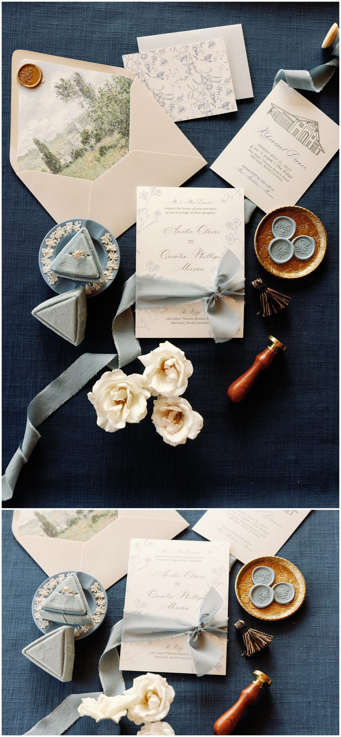A Parisian-inspired summer wedding stationery set on a table at The Ridge.