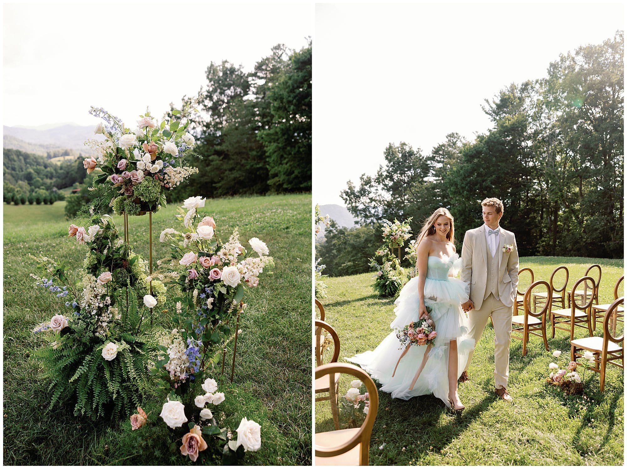 A Parisian-inspired bride and groom standing in front of chairs in a field at The Ridge.