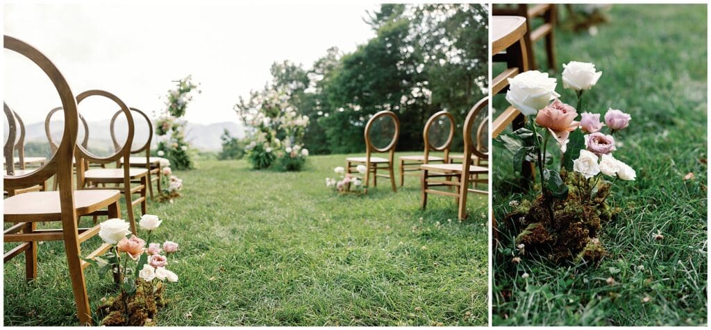 An outdoor Parisian-inspired summer wedding ceremony at The Ridge, beautifully adorned with chairs and flowers.