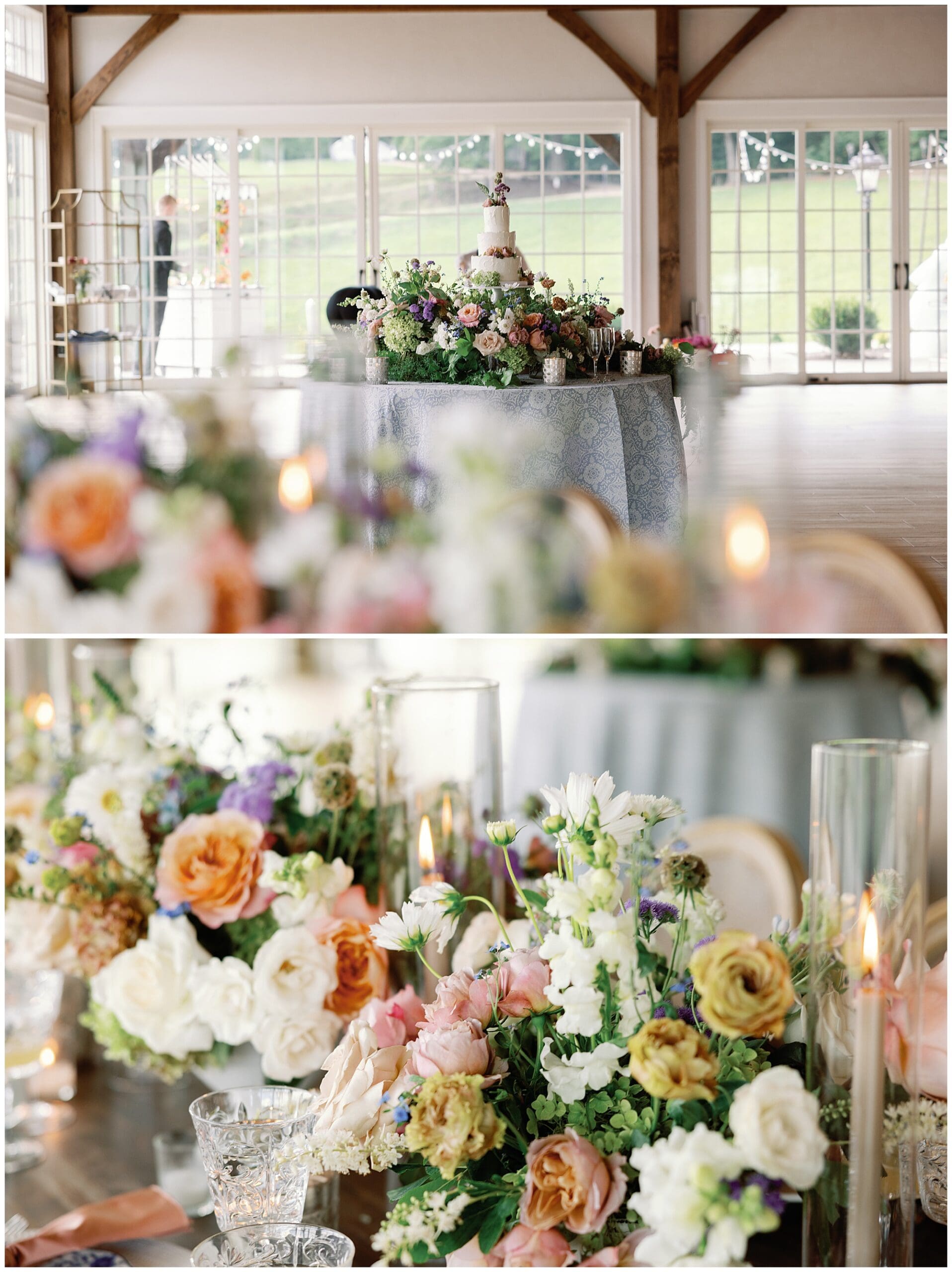 A Parisian-inspired summer wedding table setting with flowers and candles in a barn at The Ridge.