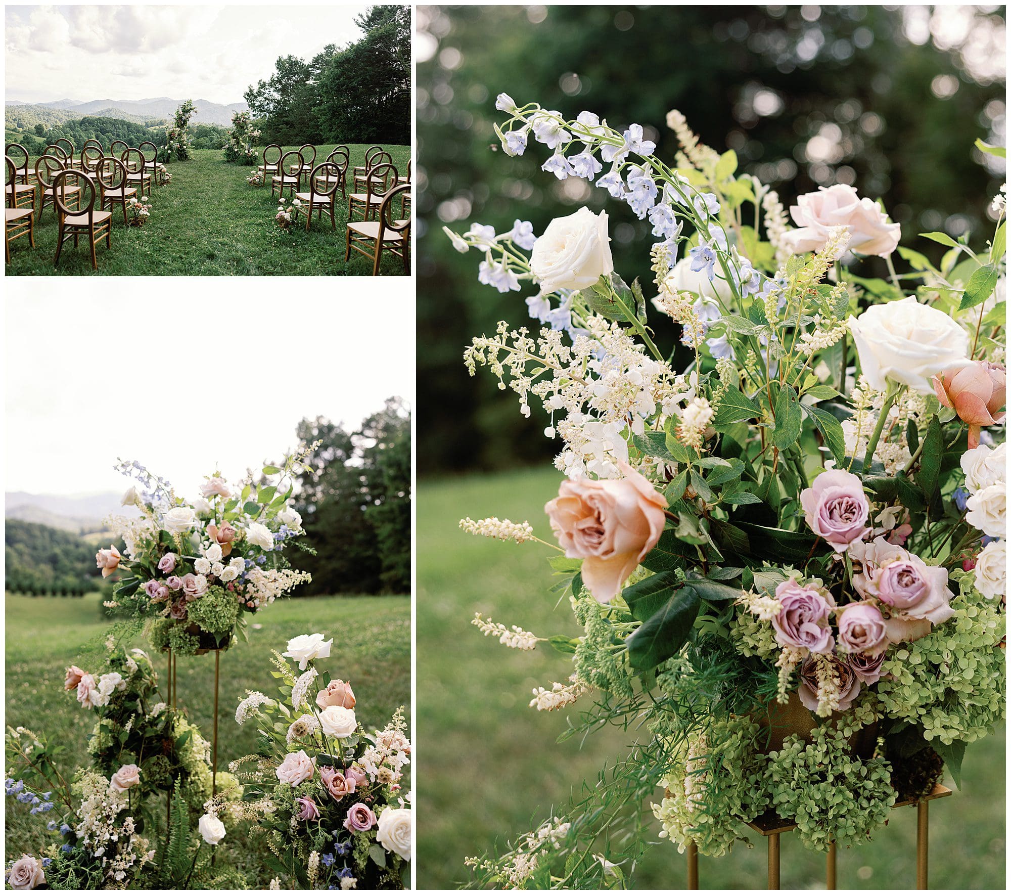 A Parisian-inspired summer wedding set up in a field with flowers at The Ridge.